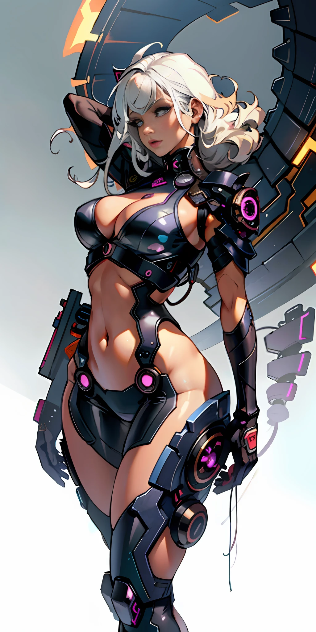 Beautiful black woman white hair, big breasts, breasts down, detailed realistic cyberpunk style, masterpiece, extreme quality, perfect eyes, perfect body, perfect face, cinematic light, digital drawing, neckline, big breasts,1girl only, 2 legs only, two arms, perfect body, mature female, soft, perfect and detailed hands, firing her gun, detailed beach background, thick eyelashes, makeup,  shade, curvy, African