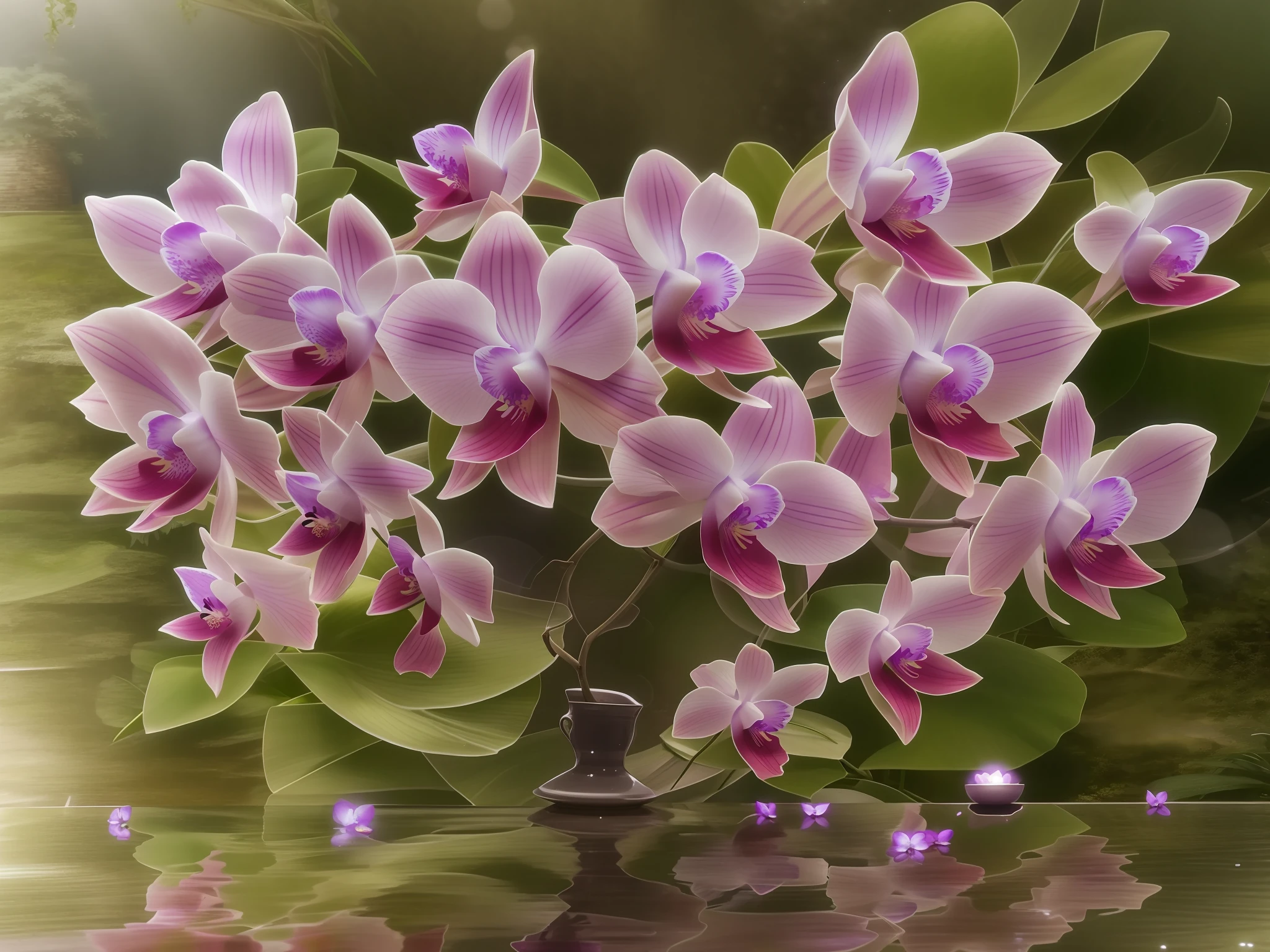 purple flowers in a vase on a table in a garden, orchids, overgrown with orchids, surreal waiizi flowers, reflective orchid flower, moth orchids, overgrown with puffy orchids, orchid, overgrown with thick orchids, orchid stems, 3 d giant orchid flower, an orchid flower, soft filmic tonemapping, vibrant pink, looking left, photo blurring