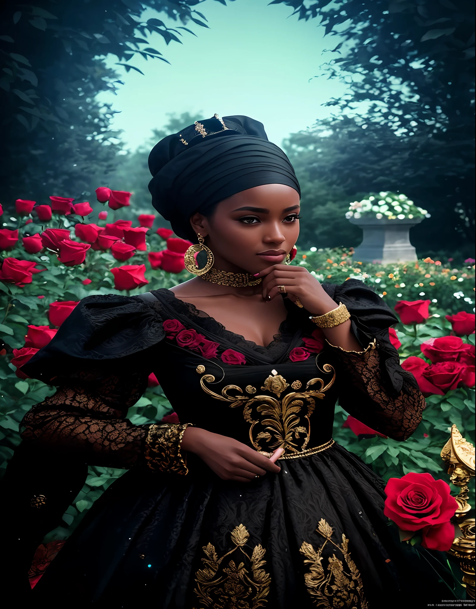 There is a woman in a black dress and turban smiling, she is the queen of red roses, she holds a large black diamond in her hand, smooth and detailed fingers, well defined hands, in the background a rose garden and a cemetery cross, too there is a black cat hidden in the background of the picture, gloomy environment, cloudy sky, album art, rococo ebony, queen of flowers, black African princess, female African goddess of love, photography realistc + beautiful woman with tanned skin and braided black hair + woman holding rose + Red dress with gold details + In a garden of red roses and cemitery in the background + with mysterious + roses light + roses and cemetery + hyperrealistic, space environment, dark, 8K definition, hyperrealistic, backlight, magic, realistic texture, white light, photorealistic, Cinematic lighting, Unreal Engine 5, Cinematic, Color Grading, Editorial Photography, Photography, Photoshoot, Shot on 70mm lense, Depth of Field, DOF, Tilt Blur, Shutter Speed 1/1000, F/22, White Balance, 32k, Super-Resolution, Megapixel, ProPhoto RGB, VR, tall, epic, artgerm, alex ross, Halfrear Lighting, Backlight, Natural Lighting, Incandescent, Optical Fiber, Moody Lighting, Cinematic Lighting, Studio Lighting, Soft Lighting, Volumetric, Contre-Jour, dark Lighting, Accent Lighting, Global Illumination, Screen Space Global Illumination, Ray Tracing Global Illumination, Red Rim light, cool color grading 45%, Optics, Scattering, Glowing, Shadows, Rough, Shimmering, Ray Tracing Reflections, Lumen Reflections, Screen Space Reflections, Diffraction Grading, Chromatic Aberration, GB Displacement, Scan Lines, Ray Traced, Ray Tracing Ambient Occlusion, Anti-Aliasing, FKAA, TXAA, RTX, SSAO, Shaders, OpenGL-Shaders, GLSL-Shaders, Post Processing, Post-Production, Cel Shading, Tone Mapping, CGI, VFX, SFX, insanely detailed and intricate, hypermaximalist, elegant, hyper realistic, super detailed, dynamic pose, centered