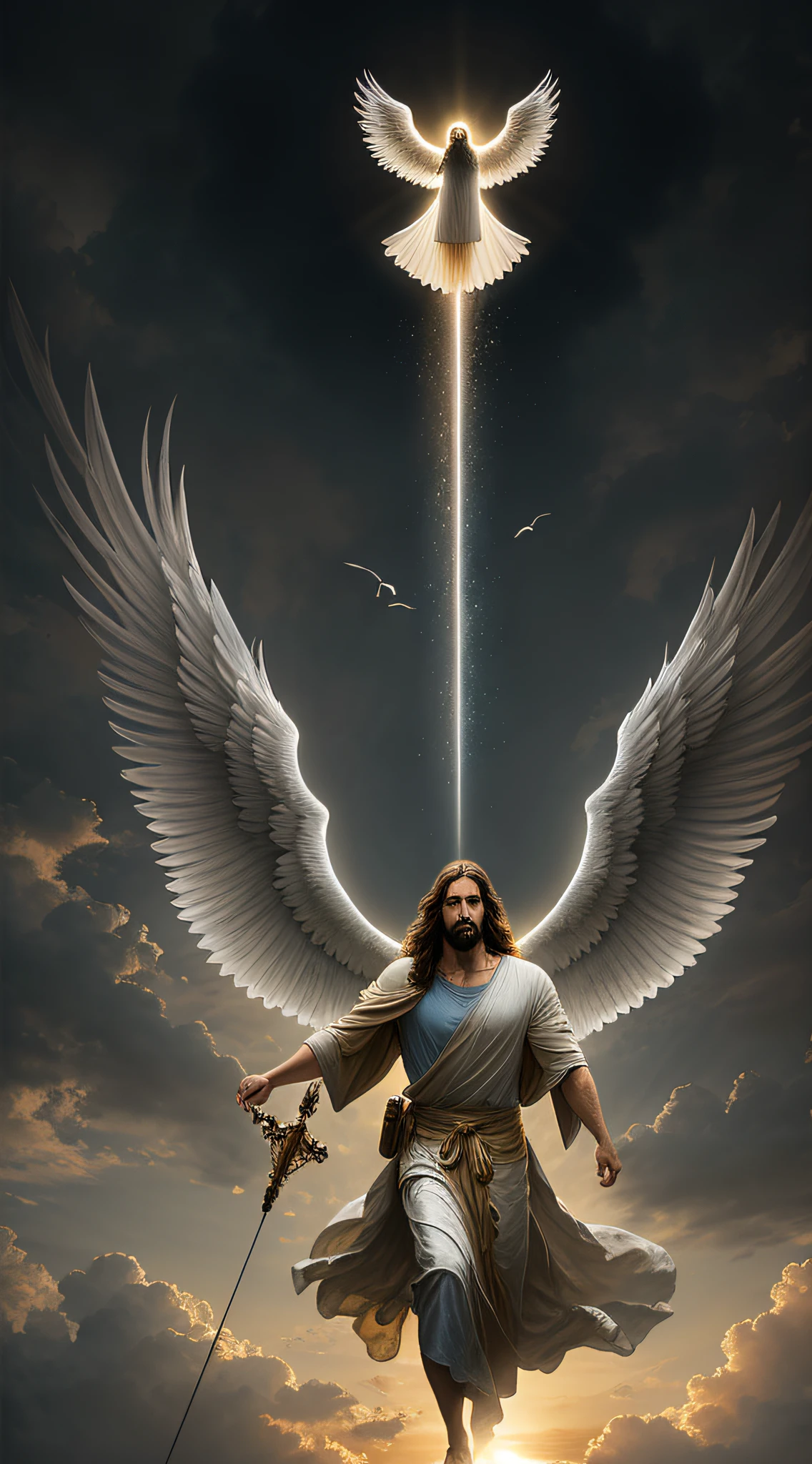 JESUS CHRIST angelic flying in the sky Dark photo: realistic epic, soft cinematic portrait, adobe lightroom, photographic lab, highly detailed, faded, art by Greg Rutkowski and artgerm ,neutral colors: 1,2), (HDR: 1,4) , (soft colors:1.2), hyperdetailed, (artstation:1.4), cinematic, warm lights, dramatic light, (intricate details:1.1), complex background, (rutkowski:0.66), (blue and orange:0.4)