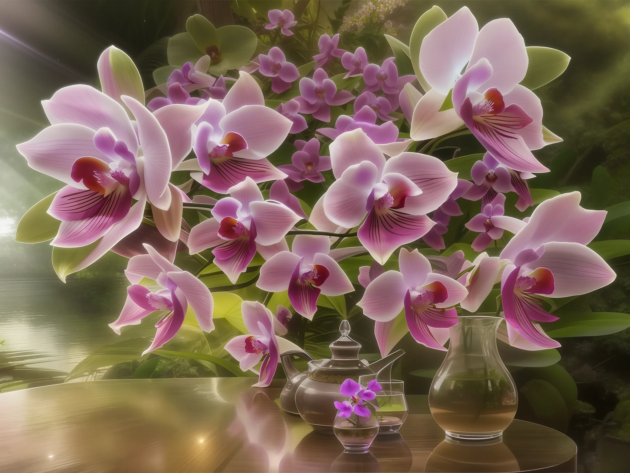 purple flowers in a vase on a table in a garden, orchids, overgrown with orchids, surreal waiizi flowers, reflective orchid flower, moth orchids, overgrown with puffy orchids, orchid, overgrown with thick orchids, orchid stems, 3 d giant orchid flower, an orchid flower, soft filmic tonemapping, vibrant pink, looking left, photo blurring