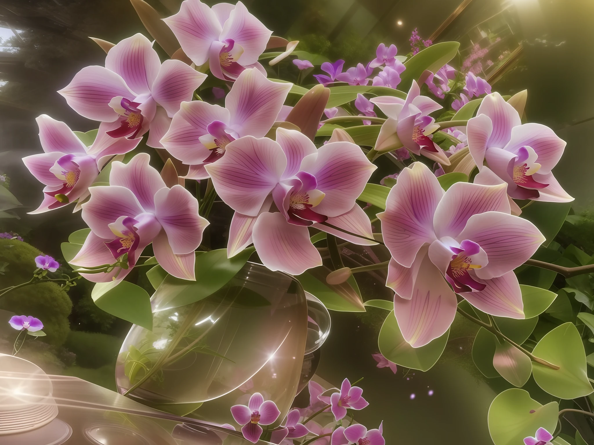 purple flowers in a vase on a table in a garden, orchids, overgrown with orchids, surreal waiizi flowers, reflective orchid flower, moth orchids, overgrown with puffy orchids, orchid, overgrown with thick orchids, orchid stems, 3 d giant orchid flower, an orchid flower, soft filmic tonemapping, vibrant pink, looking left, photo blurring