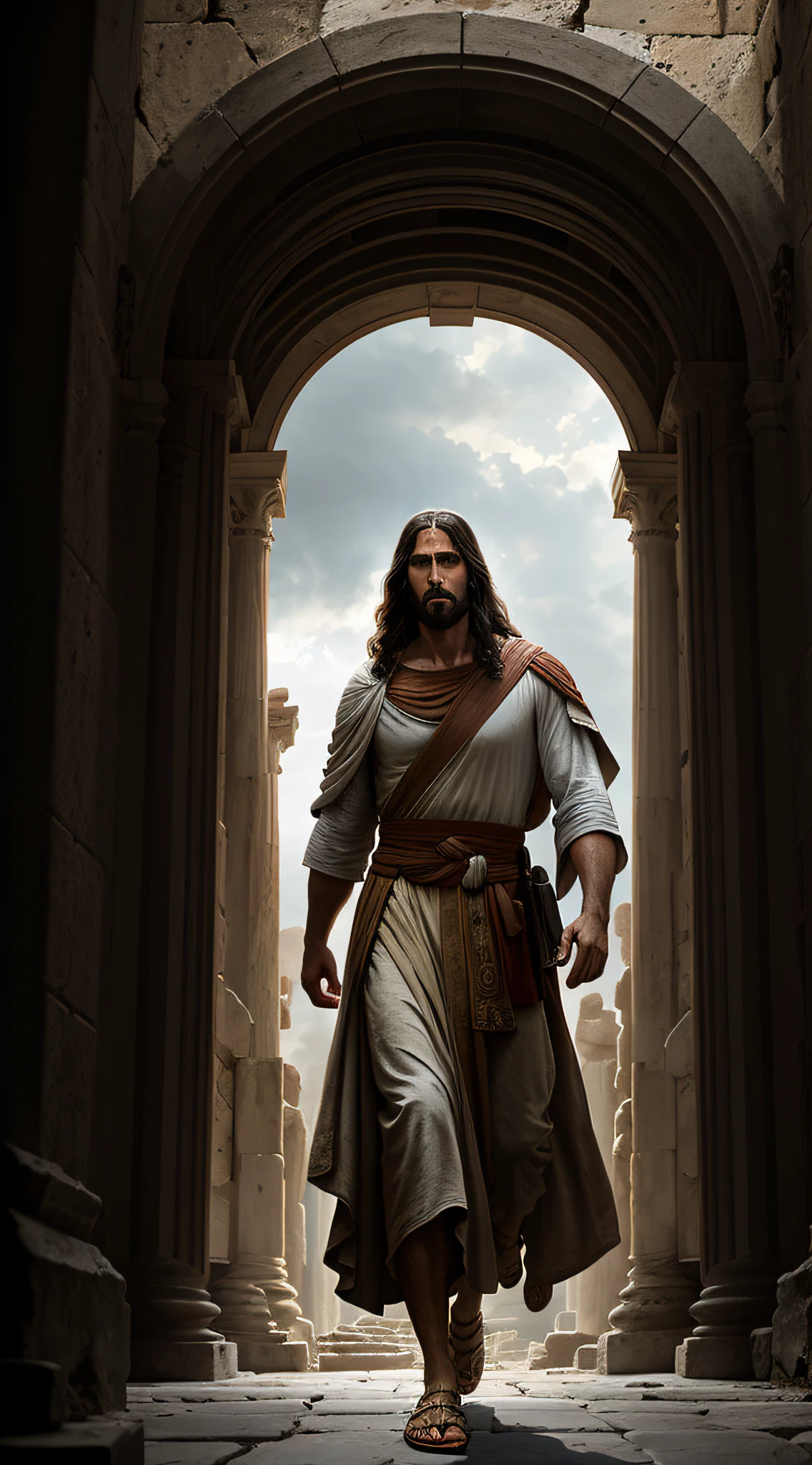 JESUS CHRIST in front of the gate of an ancient greek city dark photo: realistic epic, soft cinematic portrait, adobe lightroom, photographic laboratory, highly detailed, faded, art by greg rutkowski and artgerm ,neutral colors: 1,2), (hdr:1,4) , (soft colors:1.2), hyperdetailed, (artstation:1.4), cinematic, warm lights, dramatic light, (intricate details:1.1), complex background, (rutkowski:0.66), (blue and orange:0.4)