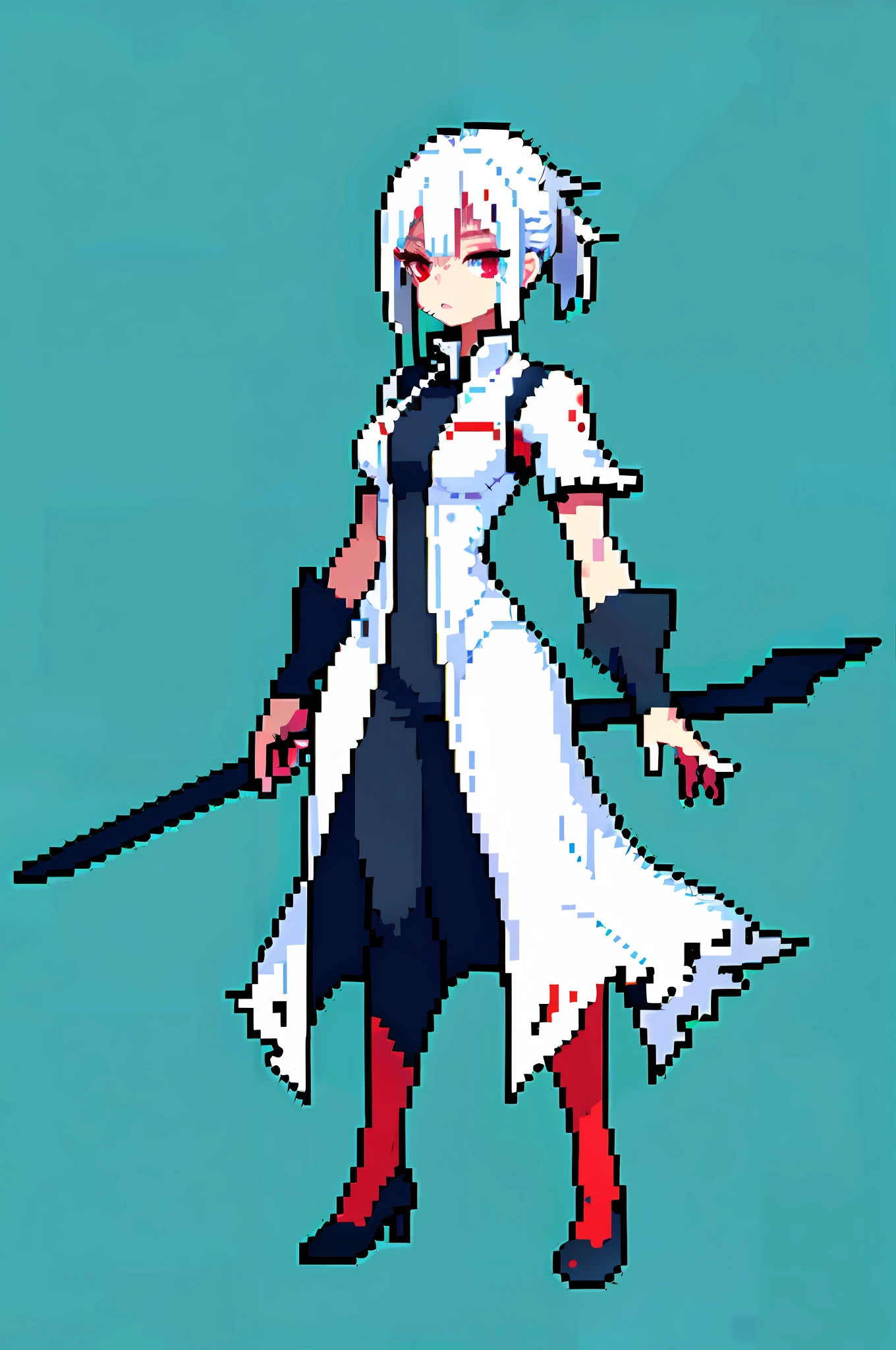 (masterpiece, top quality, best quality), pixel, pixel art, 1girl, full body, white hair, red eyes, torn clothes