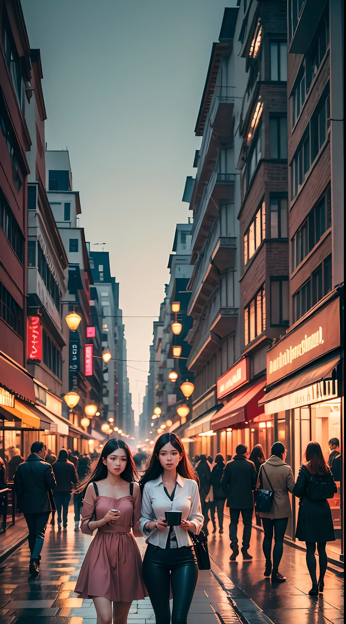 RAW photo, masterpiece, high quality, beautiful city, tall buildings, evening lighting, beautiful women on the street of the city, in bright dresses, festive atmosphere, lights are lit on the street, shop windows, cafes and restaurants shine with bright lights, high-resolution photos, space camera, very high detail, HD1080 quality, real, soft contrast. --auto --s2