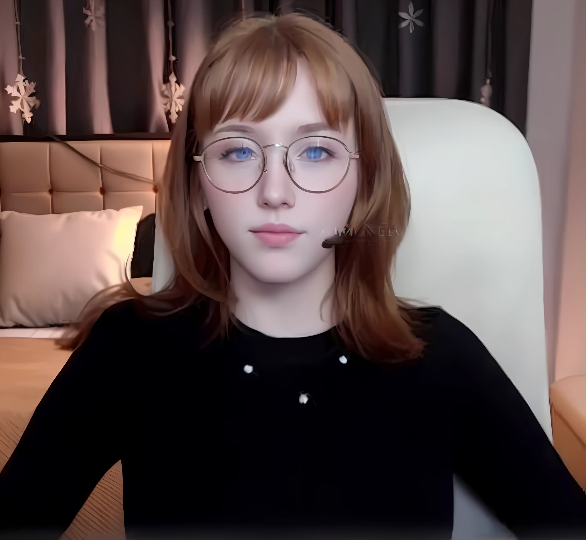 There's a woman with glasses sitting in a chair, Twitch streamer, beautiful young Amouranth, 19-year-old girl, young and cute girl, with glasses, highly realistic. Live camera, low quality video, Amouranth, good young girl, Twitch streamer/gamer Ludwig, she has red hair, Emma Bot Queen, 18, Create a black and white mage character
