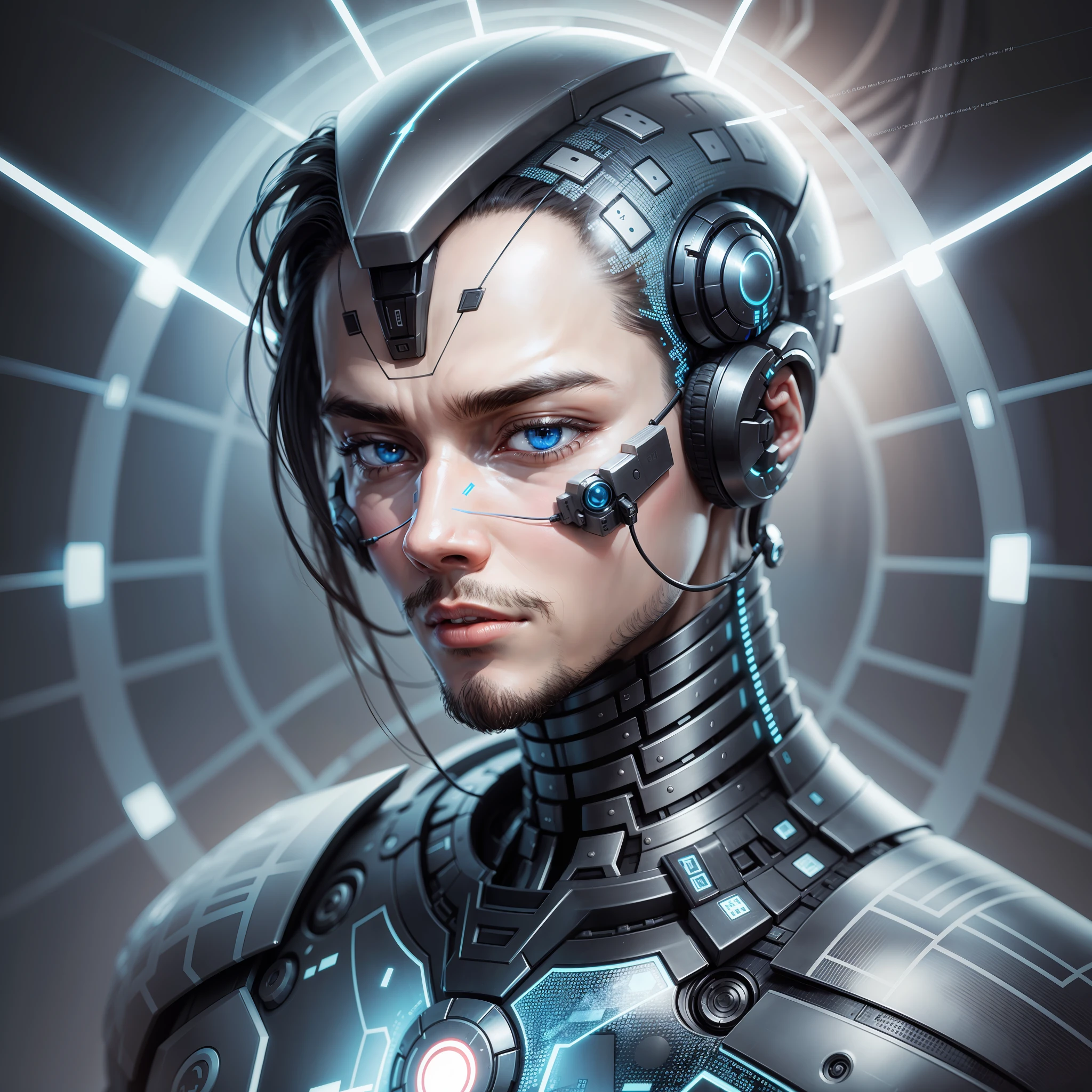 Detailed face half man half machine, artificial intelligence and financial market, best quality --auto --s2