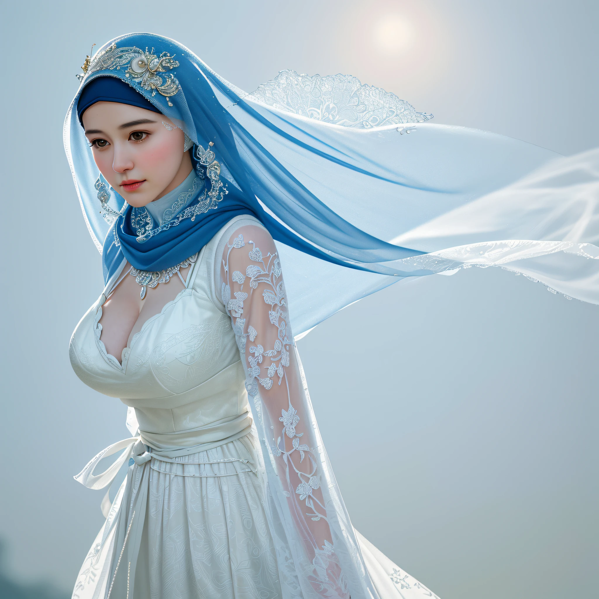 Marian Rivera, 30 years old, gigantic breast:1.3 , (RAW photo, best quality), (realistic, photo-realistic:1.3), 1 girl, solo girl, extremely delicate and beautiful, Amazing, finely detail, masterpiece, ultra-detailed, highres,(best illustration), (best shadow),intricate,depth of filed, a lovely female muslim dress , pashmina hijabs, In the morning, creating a soothing sound.  sharp focus,, 8k UHD, DSLR, high quality, , Fujifilm XT3,, sfw