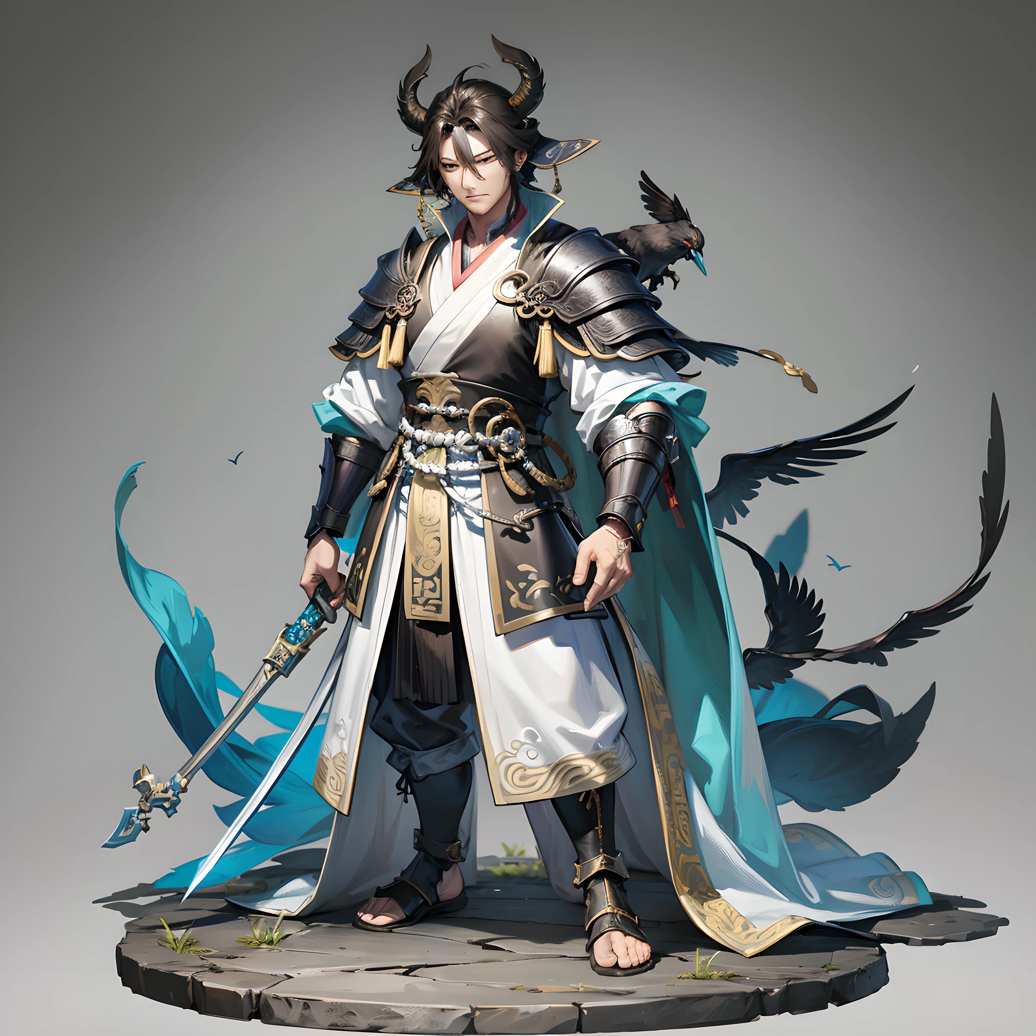 a statue of a man holding a sword and a bird, jin shan and ross tran, character modeling, lord of beasts, 28mm scale, kit bash, inspired by Xuande Emperor, dog as a god, raytraced, big man, epic character composition, traveller --auto --s2