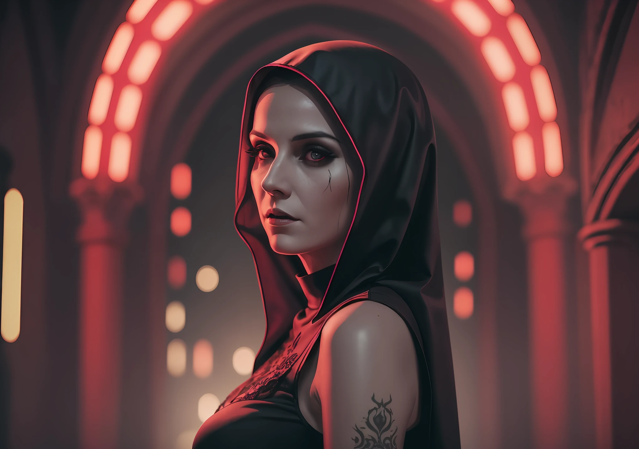 woman dj nun, dark, horror, red tones, gothic church in the background, ultra realistic, horror movie lighting, scary, chaos, neon lights in the background, realistic, dark, huge breast, Fujifilm Fujichrome Provia 100F movie, flashlight, ultra realistic, 8K UHD. --auto --s2