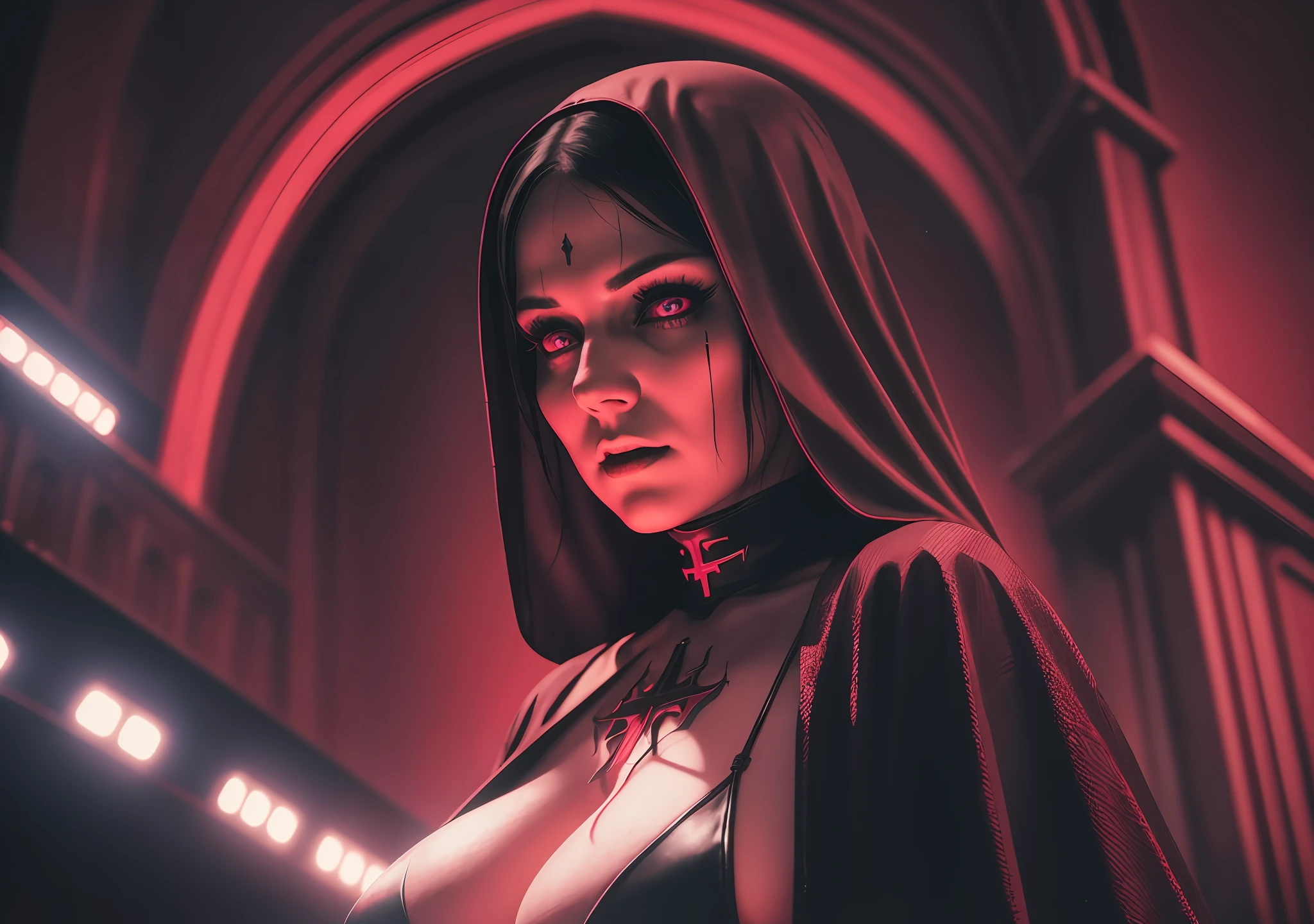 woman dj nun, dark, horror, red tones, gothic church in the background, ultra realistic, horror movie lighting, scary, chaos, neon lights in the background, realistic, dark, huge breast, Fujifilm Fujichrome Provia 100F movie, flashlight, ultra realistic, 8K UHD. --auto --s2