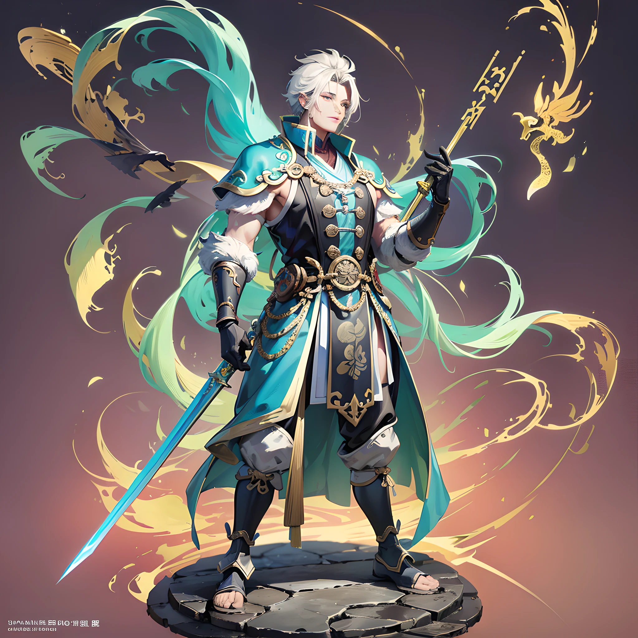 a statue of a man holding a sword and a bird, jin shan and ross tran, character modeling, lord of beasts, 28mm scale, kit bash, inspired by Xuande Emperor, dog as a god, raytraced, big man, epic character composition, traveller --auto --s2