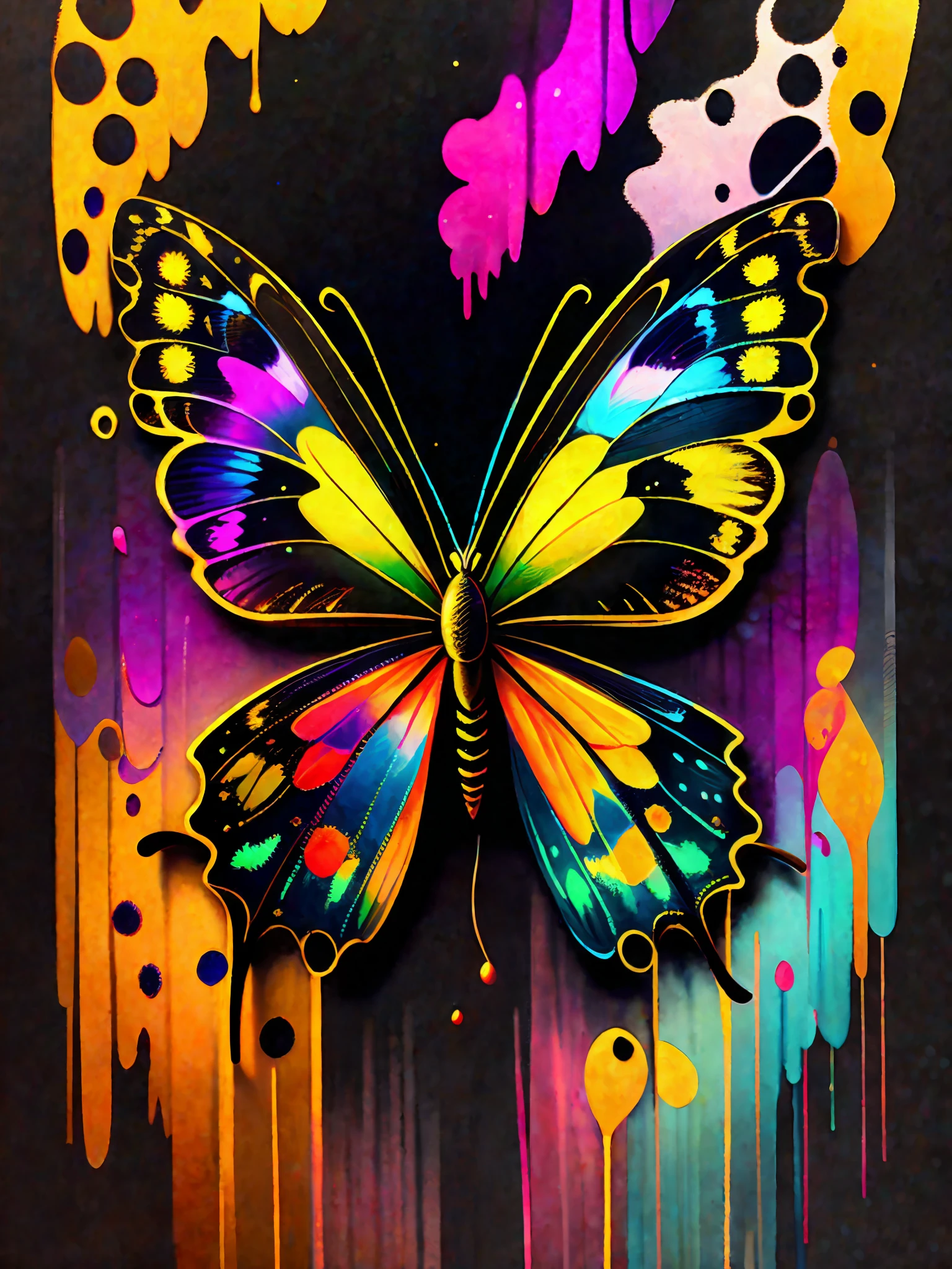 a painting of a colorful butterfly on a black background,, breathtaking rendering, within a radiant connection, inspired by Kinuko Y. Craft,, magical elements, kitten icon, wow, is beautiful, casting a multi colorful spell, bright flash, flash