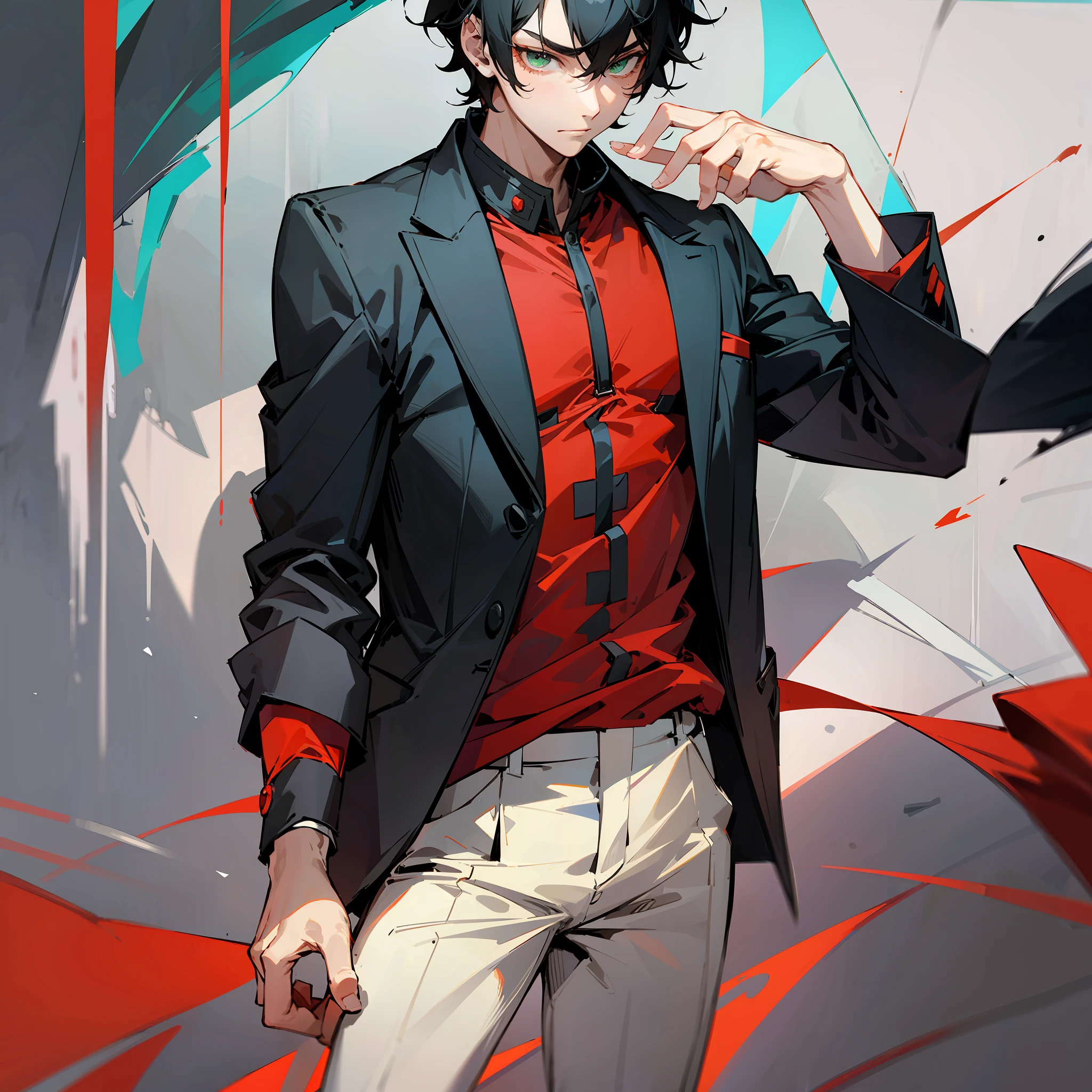 adolescent man, black hair, wearing a red suit, with green eyes, with rings and earrings