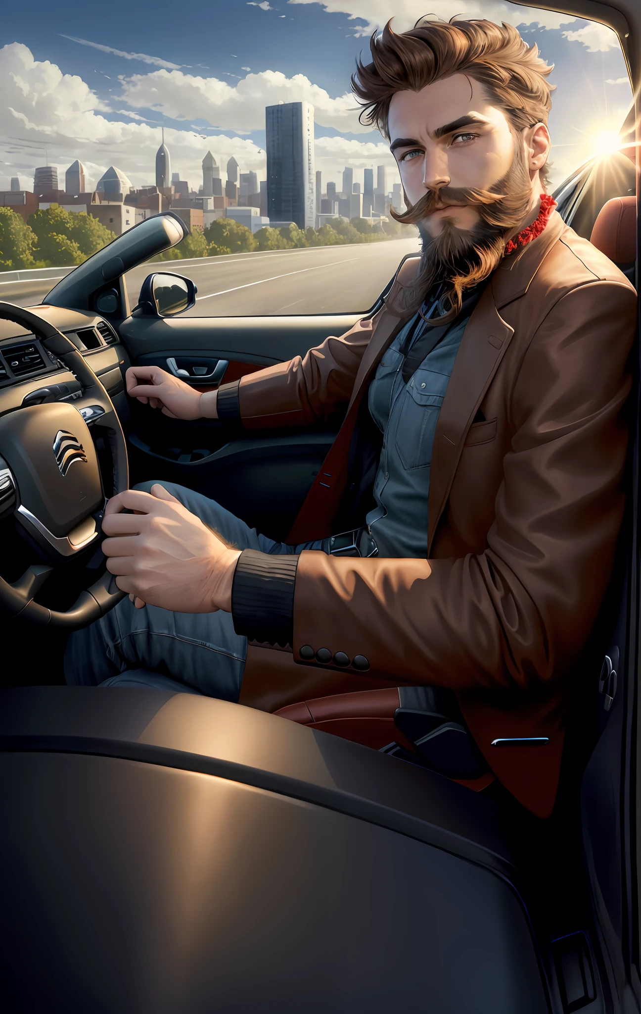 Car ride, citroen red c4 model VTR 2008, man driving (beard, brown hair tied), asphalt road (city), sun in the background with clouds. Woman scorched.