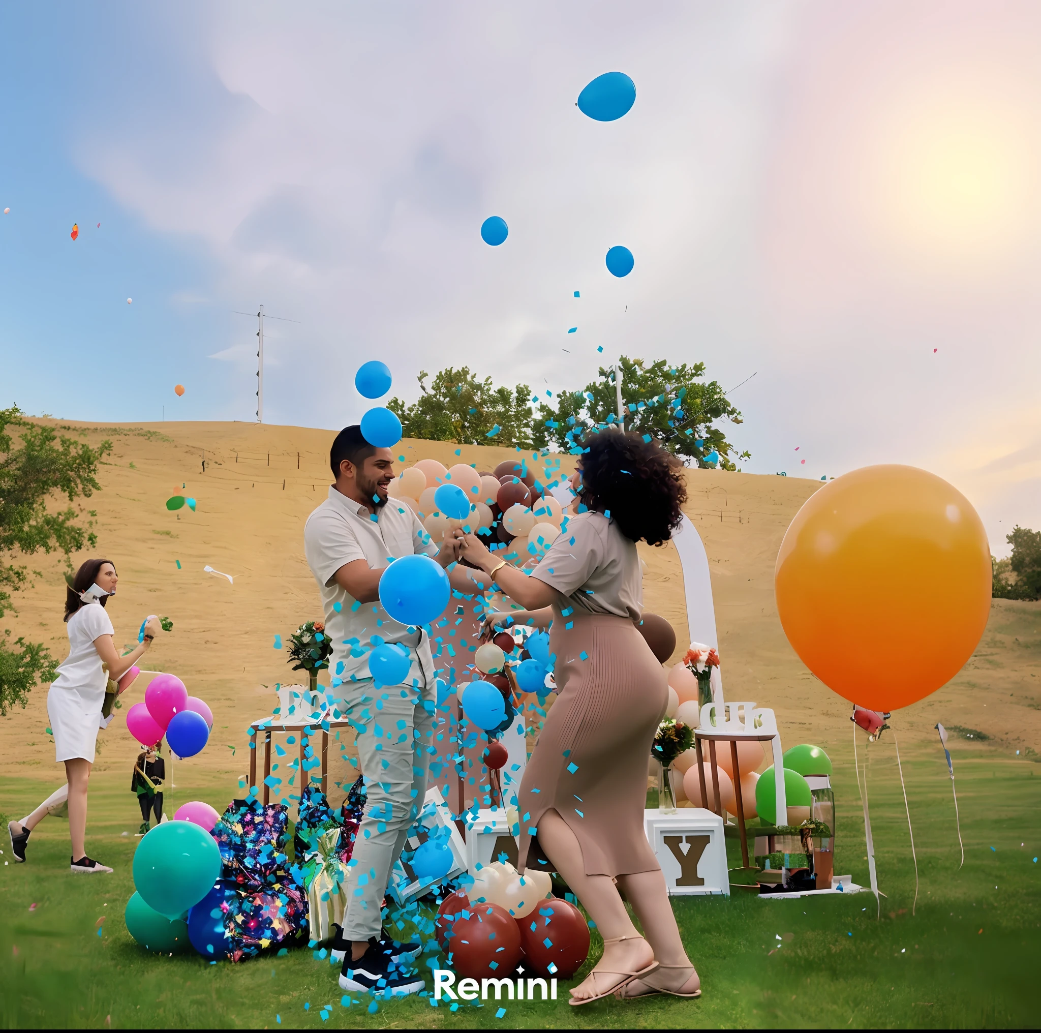 there are two people who are standing on the grass with balloons, , edited, 1614572159, by Charly Amani, very animated, an ultra realistic, look at the details, confetti, really realistic, slightly realistic,