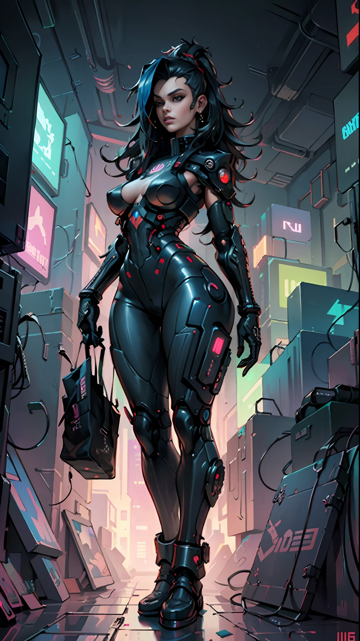 ((Best quality)), ((masterpiece)), (highly detailed:1.3), 3D, beautiful (cyberpunk:1.3) hacker woman with thick voluminous hair operating a computer terminal, nsfw