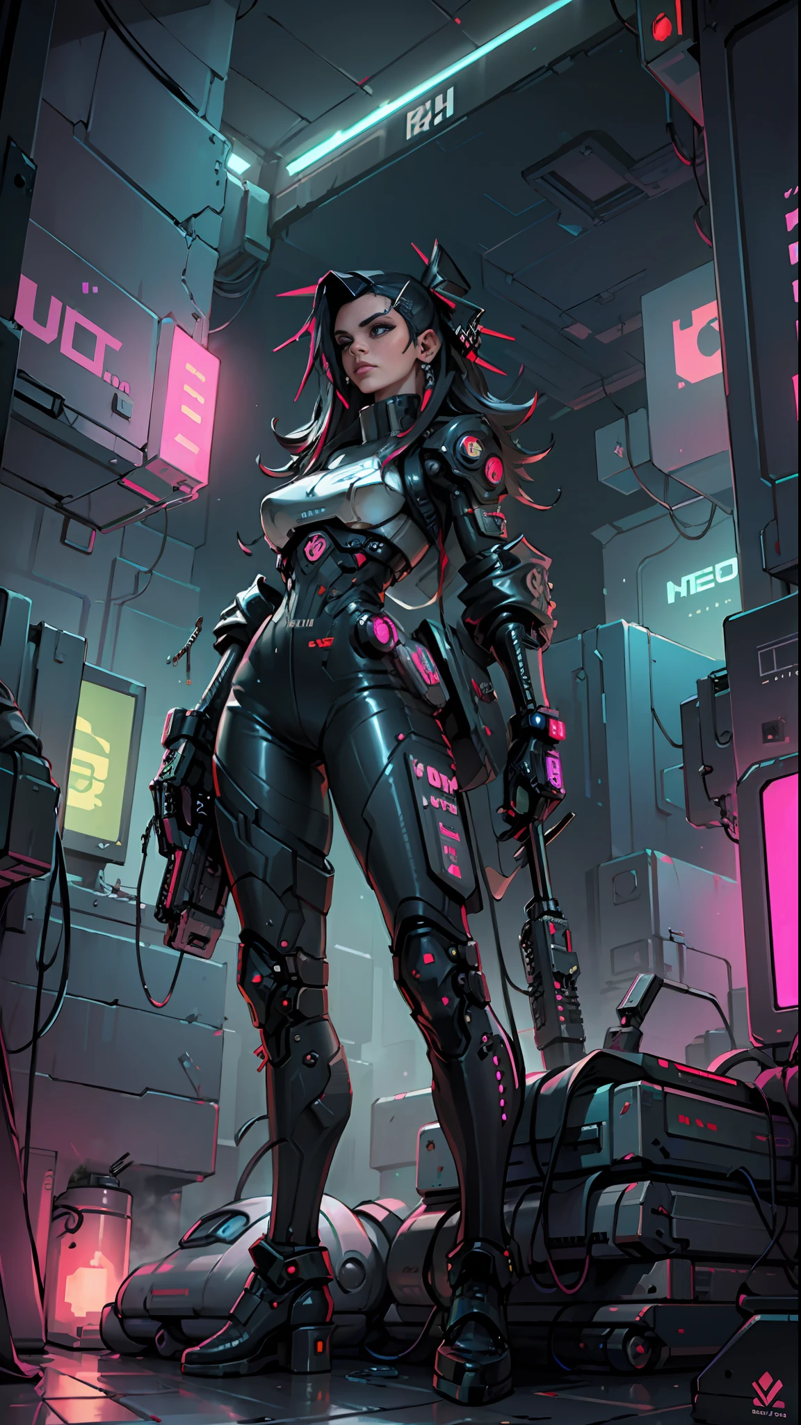 ((Best quality)), ((masterpiece)), (highly detailed:1.3), 3D, beautiful (cyberpunk:1.3) hacker woman with thick voluminous hair operating a computer terminal, nsfw