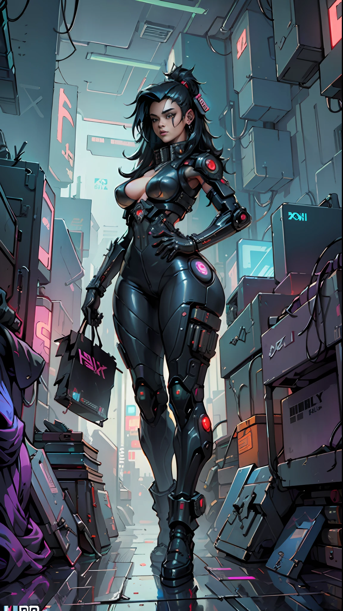 ((Best quality)), ((masterpiece)), (highly detailed:1.3), 3D, beautiful (cyberpunk:1.3) hacker woman with thick voluminous hair operating a computer terminal, nsfw