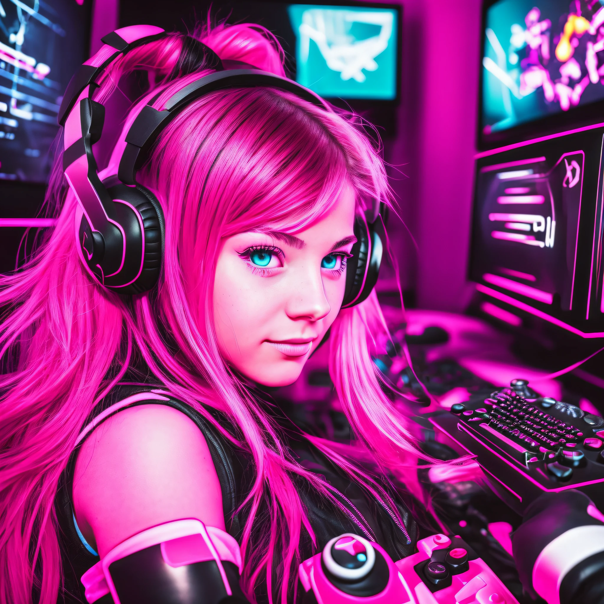 (realistic portrait of a gamer girl) neon pink and black effect in high contrast, playing video games excitedly in a bright virtual bedroom suite, the texture of the controller depicts the feeling of real touch, the brightness of the blue and red lights is reflected in her eyes, pink hair spreads across the video game screen. --auto --s2