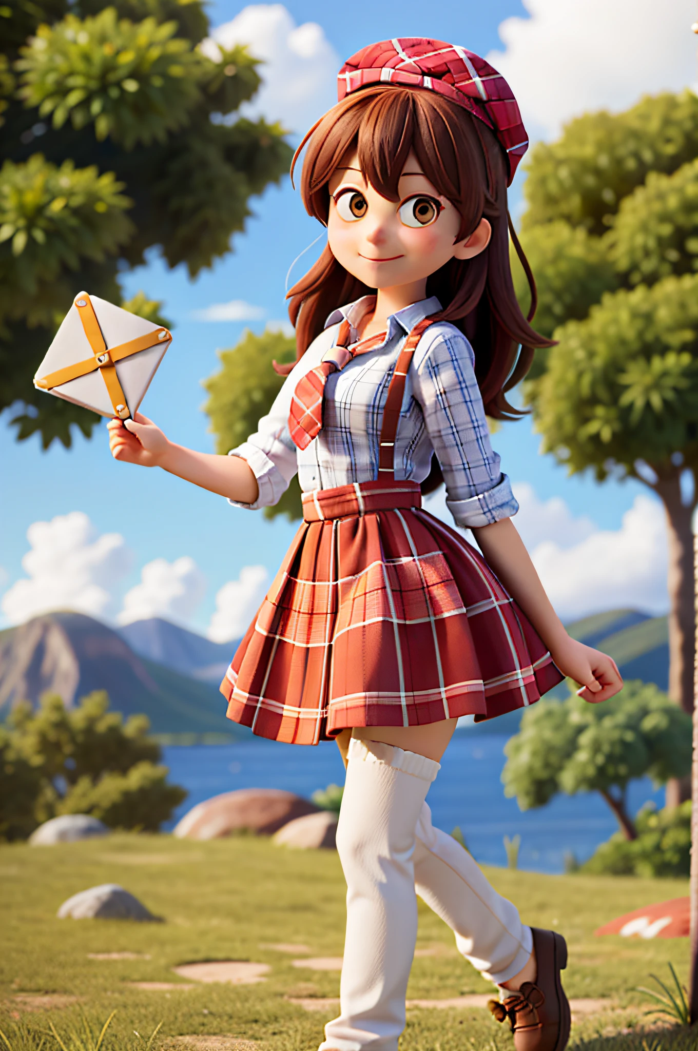 masterpiece, high quality best quality,1girl, bangs, beach, blue_sky, blush, bow, breasts, checkered, checkered_shirt, checkered_skirt, cloud, cloudy_sky, collarbone, day, envelope, giving, grass, hair_bow, heart, holding, holding_letter, horizon, incoming_gift, kazami_yuuka, leaning_forward, lens_flare, letter, light_rays, long_hair, looking_at_viewer, love_letter, mountain, mountainous_horizon, ocean, outdoors, plaid, plaid_background, plaid_bikini, plaid_bow, plaid_bowtie, plaid_bra, plaid_dress, plaid_headwear, plaid_jacket, plaid_legwear, plaid_necktie, plaid_neckwear, plaid_panties, plaid_pants, plaid_ribbon, plaid_scarf, plaid_shirt, plaid_skirt, plaid_vest, pov, shirt, skirt, sky, smile, solo, sun, sunbeam, sunlight, tree, unmoving_pattern