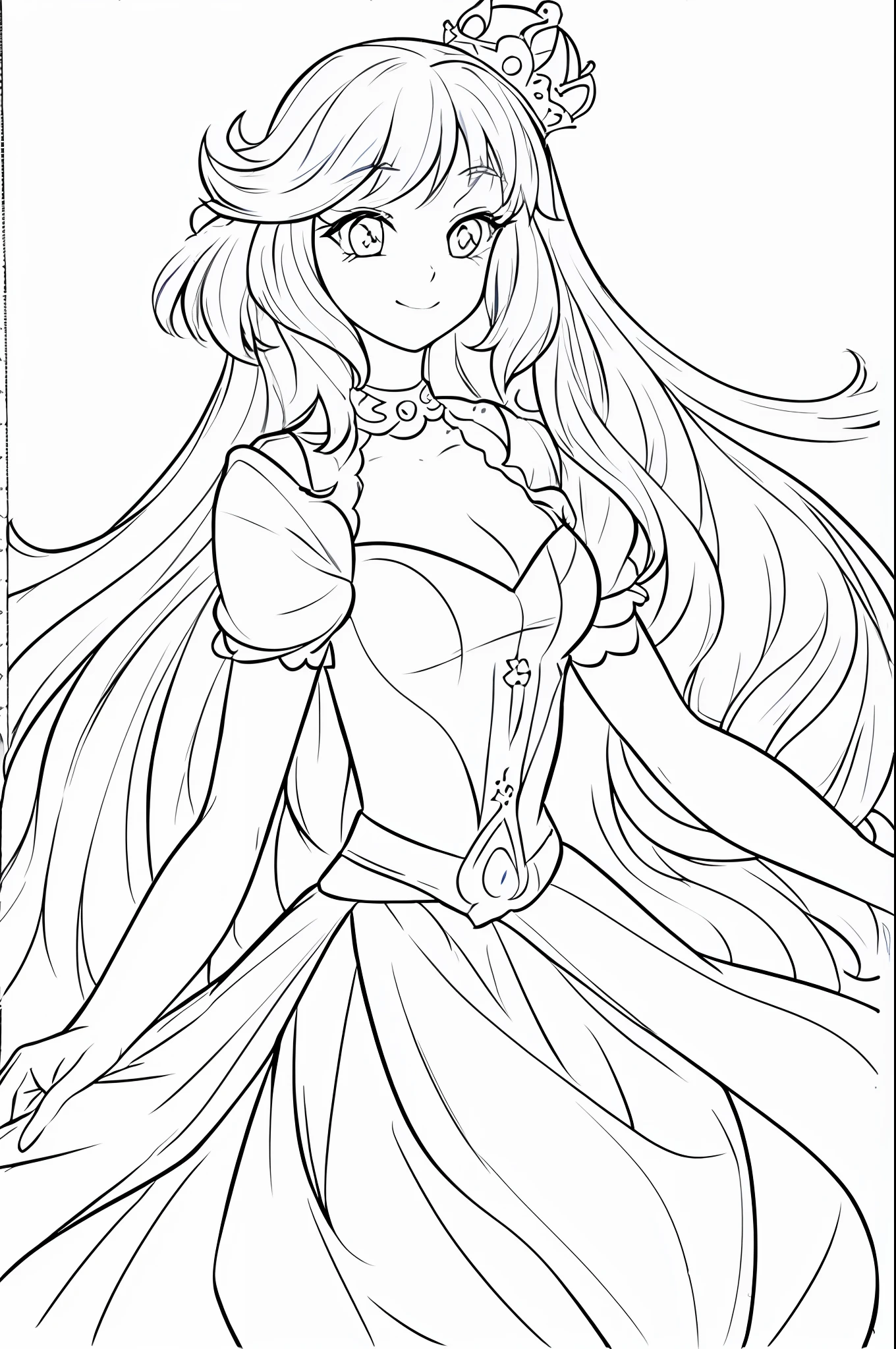 princess disney style, simple, few details, minimalist masterpiece, best quality, lineart, monochrome, white, black and white background, coloring book for children, on paper, full page, free lines, highly detailed art line, to print, anatomically perfect