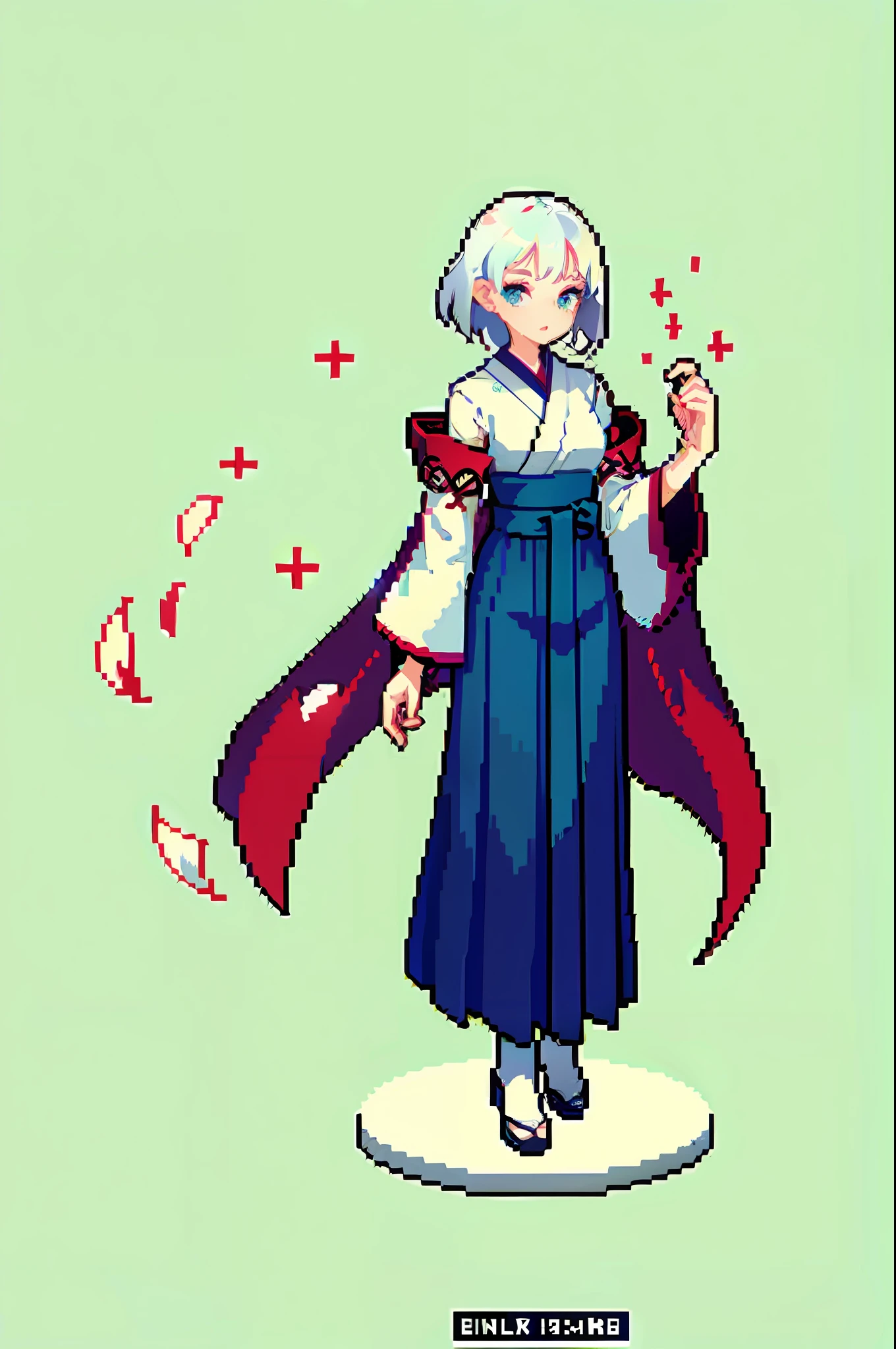 (masterpiece, top quality, best quality), pixel, pixel art, 1girl, full body, perfect pixels, fade, white hair, hakama, petals effect, simple background