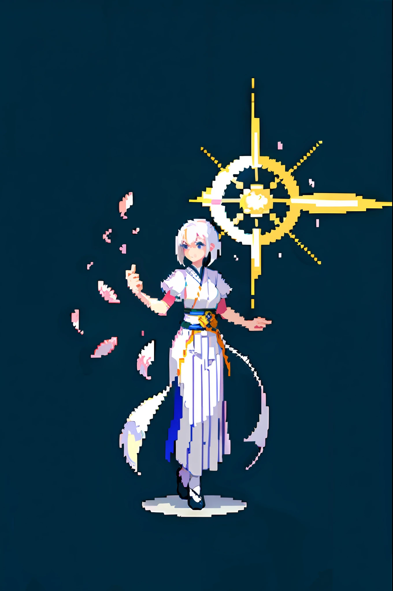(masterpiece, top quality, best quality), pixel, pixel art, 1girl, full body, perfect pixels, fade, white hair, hakama, petals effect, simple background