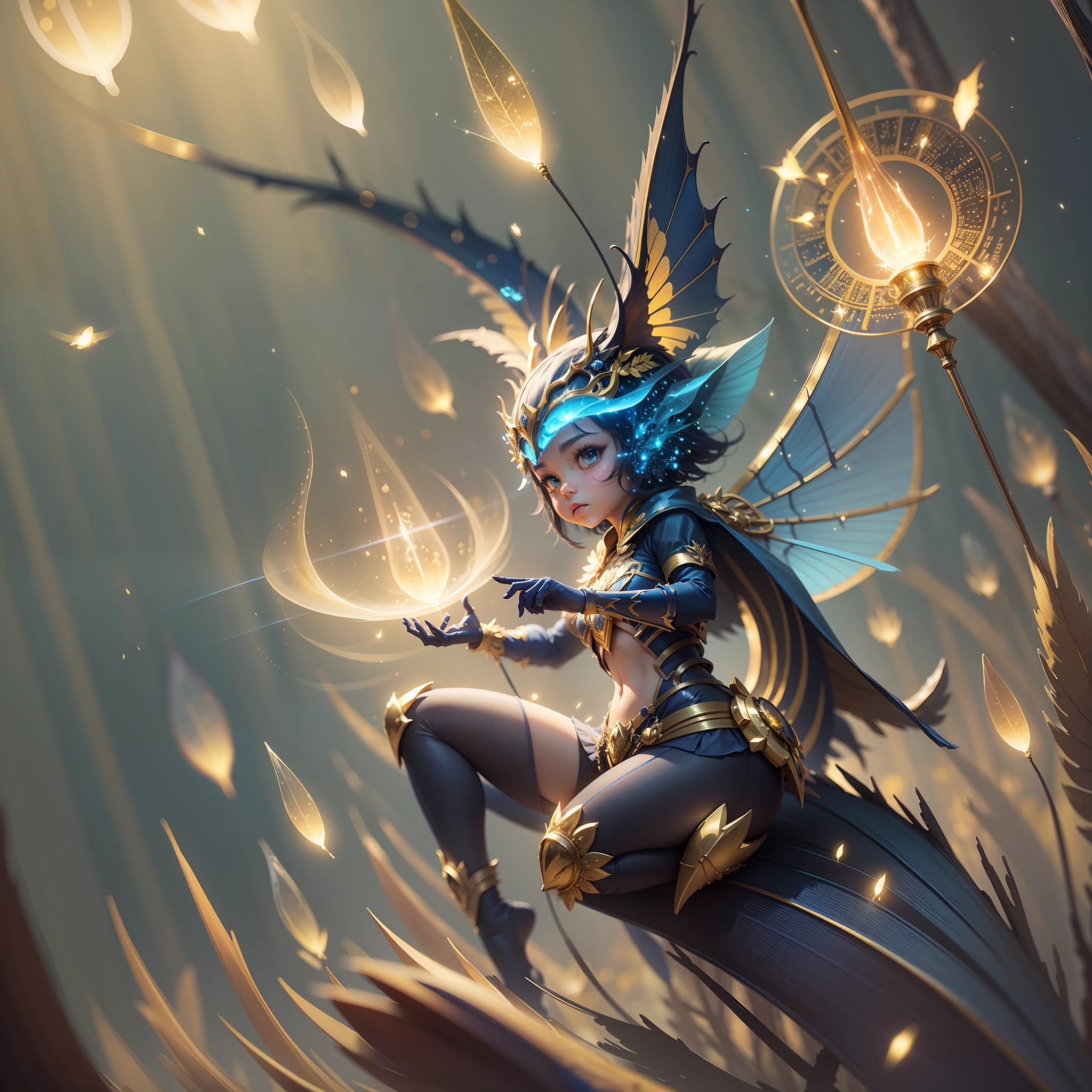 Background image in blue and gold tones, fantasy world, fireflies, (8k quality) --auto --s2