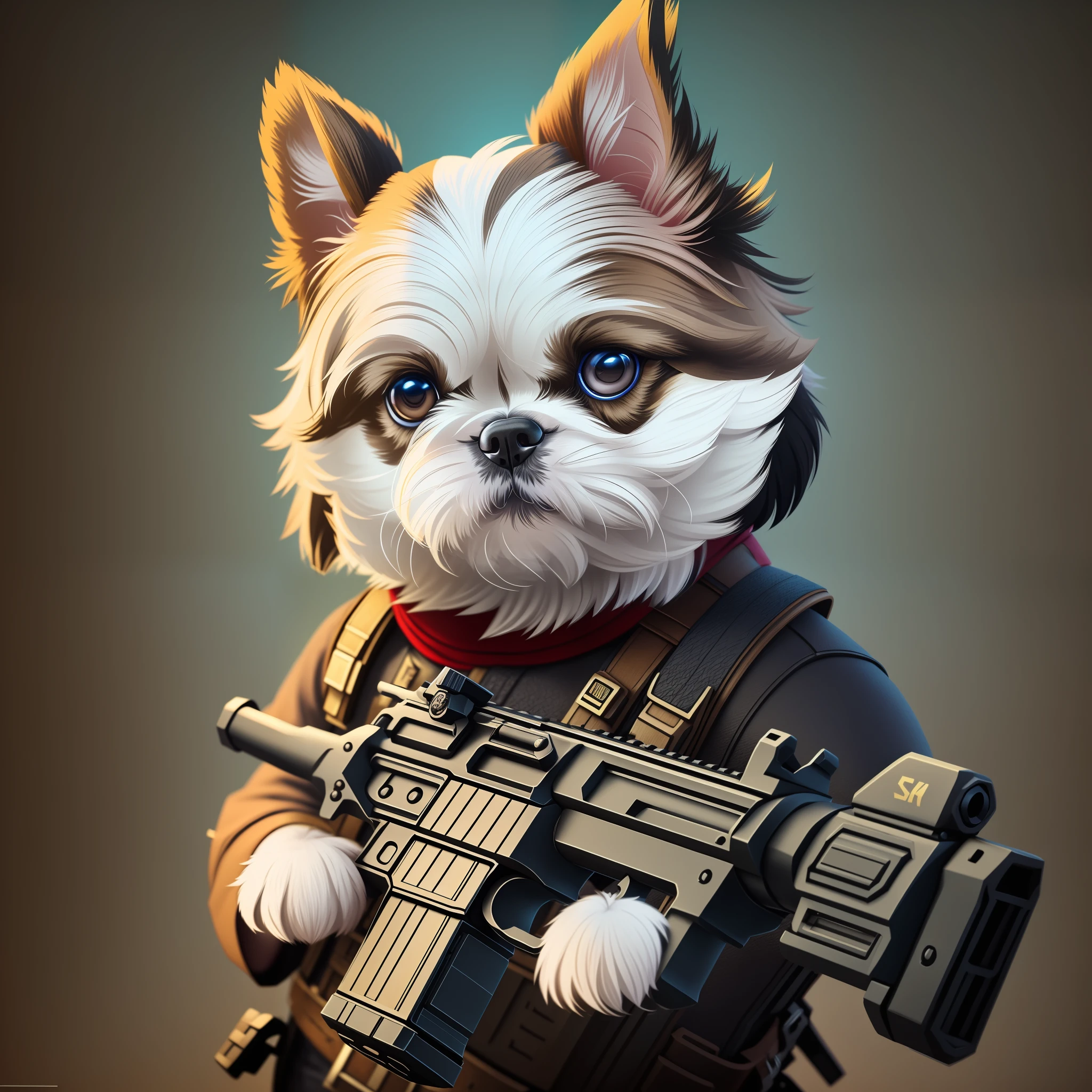 shihtzu dog with guns in hand, fantasy, dreamlike, surrealism, super cute, trends in artstation, best quality, 4k, 8k, ultra highres, photography, sharp focus, intricate texture, --auto --s2