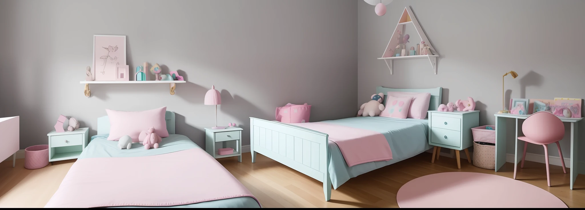 Children's room in pastel tones, gloomy light, full of toys scattered on the bedroom floor