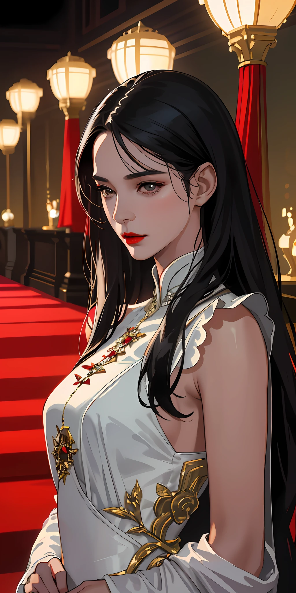 Masterpiece, Best Quality, Film Stills, Portrait, 1girl, Delicate Face, Royal Sister, Black Hair, Medium Long Hair, Mature, No Bangs, Evening Dress, White, Asian, Red Lips, Female Star, Sexy, Noble and Cold, Red Carpet Photos,