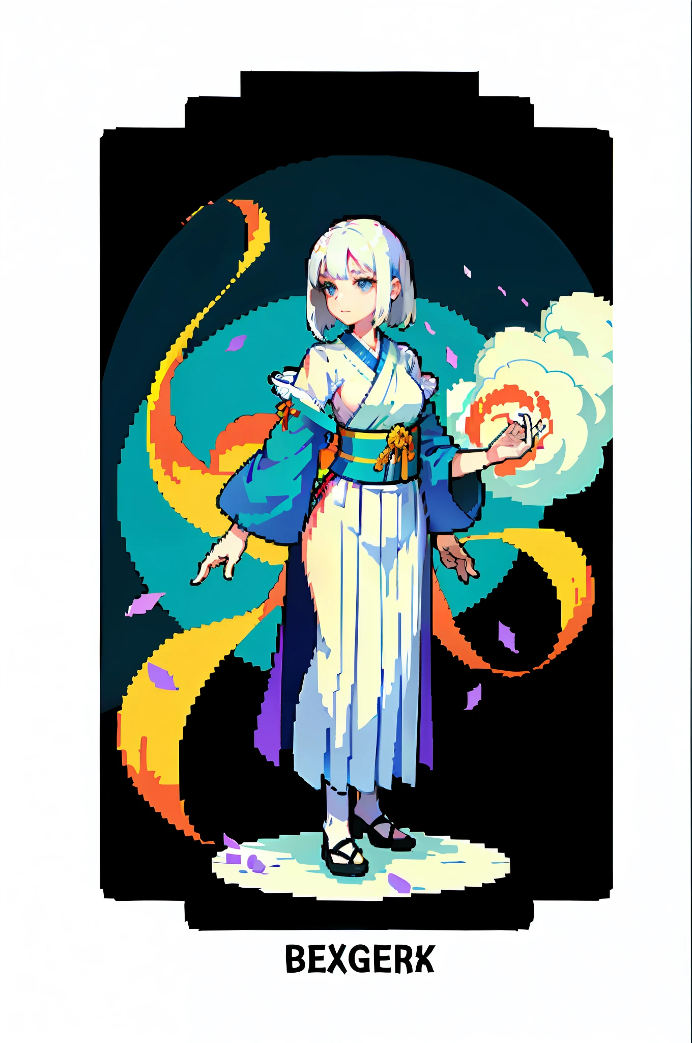 (masterpiece, top quality, best quality), pixel, pixel art, 1girl, full body, perfect pixels, fade, white hair, hakama, petals effect, simple background