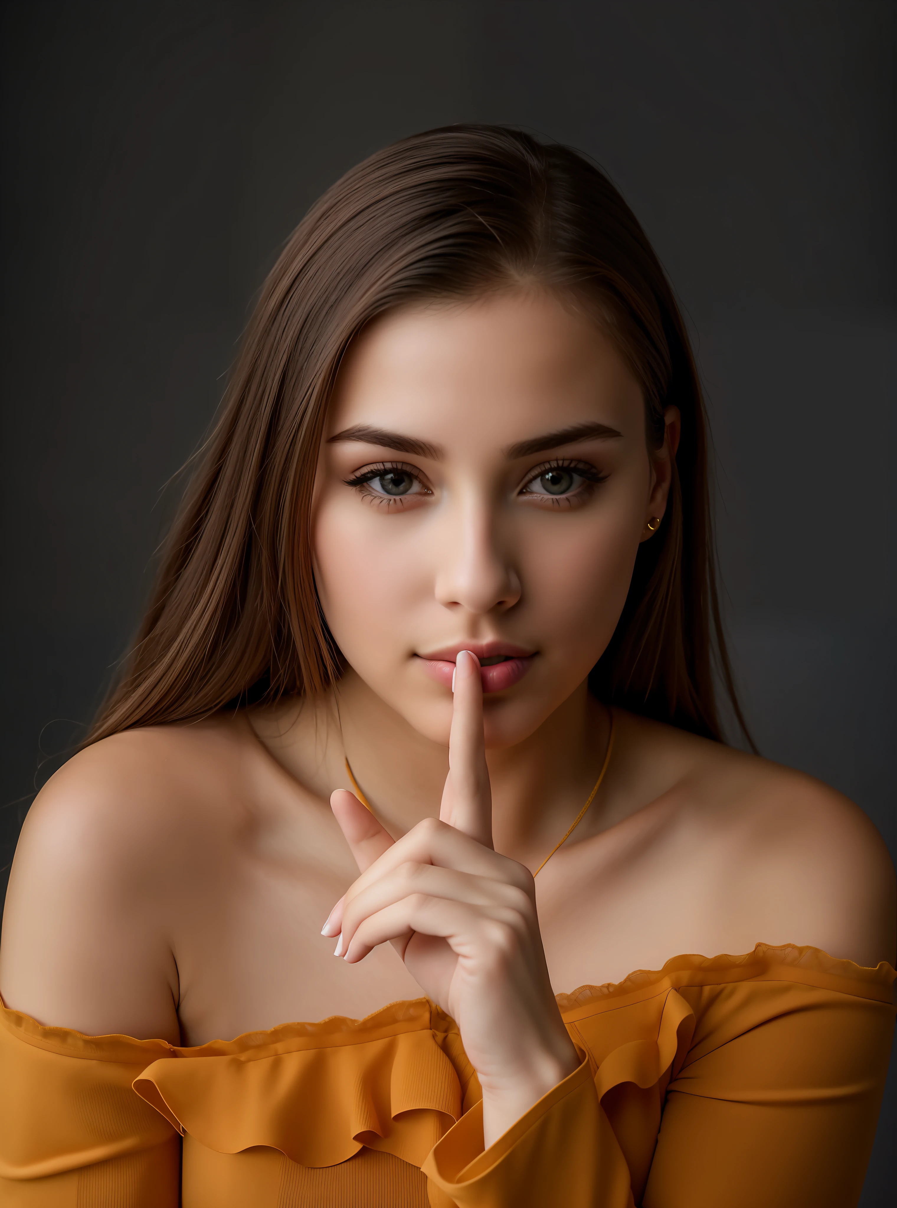 there is a woman with a finger on her lips, hand over her mouth, hand on her chin, closeup photo portrait, beautiful young woman, beautiful young woman, young woman photo, cute portrait photo, studio photography portrait, infp young woman, sensual young woman, big round nose closed lips, photoshoot portrait, young woman, portrait shot, hand on cheek, best quality, masterpiece, high resolution, 1girl,beautiful face,on top of body, tyndall effect,photorealistic, dark studio, rim lighting, two-tone lighting,(highly detailed skin: 1.2), 8k uhd, dslr, soft lighting, high quality, volumetric lighting, sincere, Photography, high resolution, 4k, 8k, Bokeh, red clothing