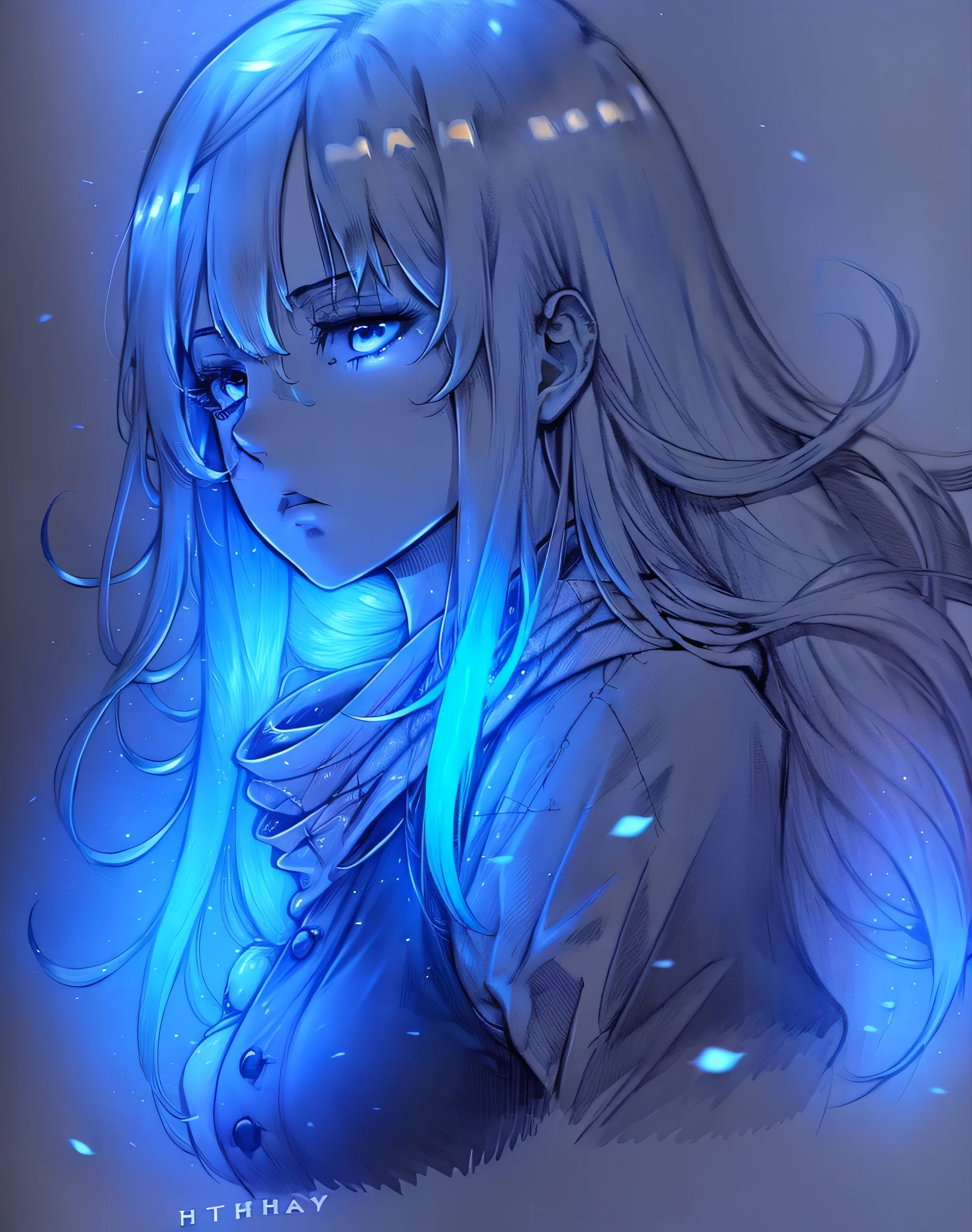 Female character with long white hair with sweatshirt, character with serious face kind of gloomy, light blue and white bright CPM with big breasts