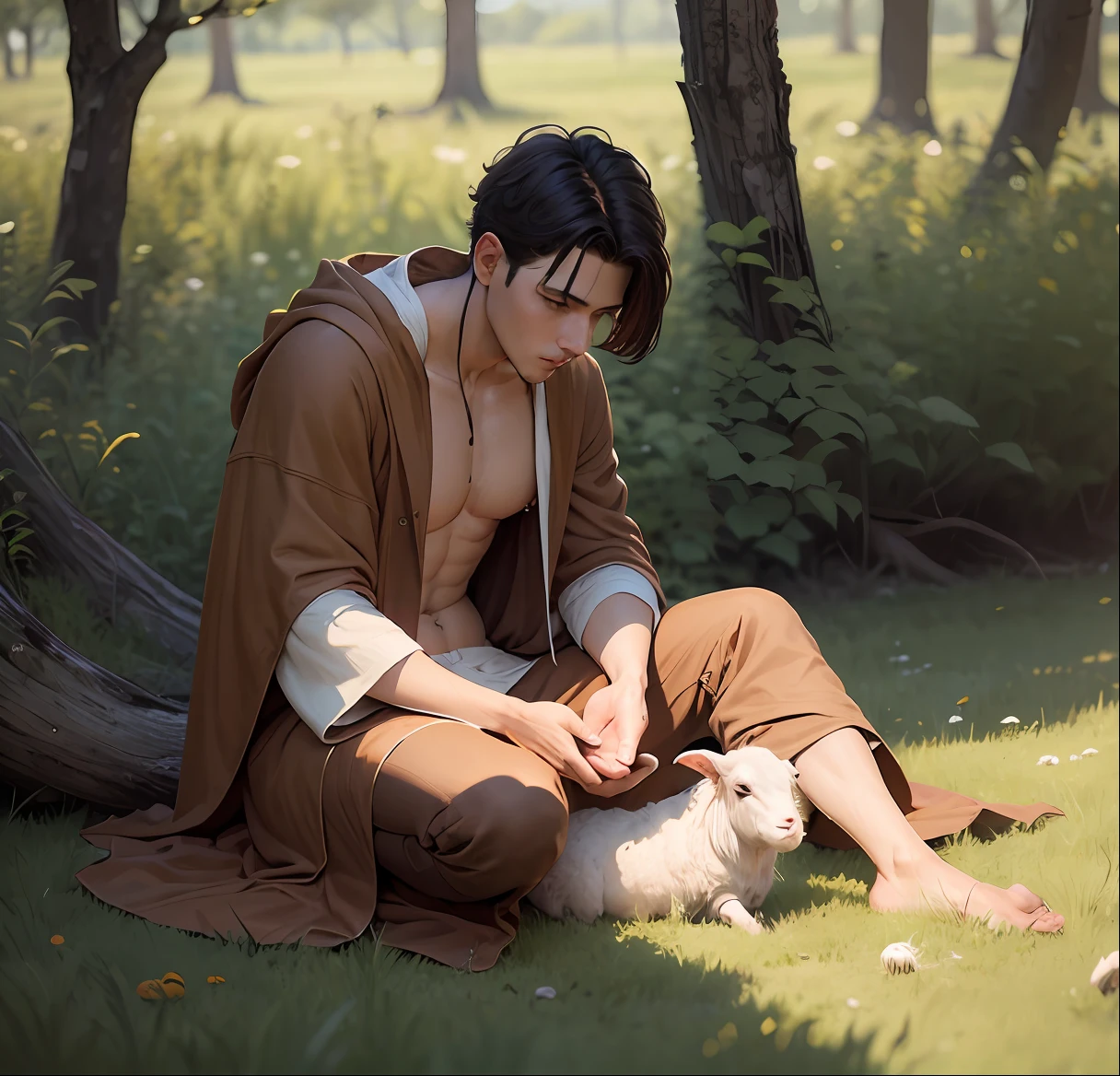 ung man 22 years old realistic barefoot in brown robe with a dead ram next to him in a grassy field --auto --s2
