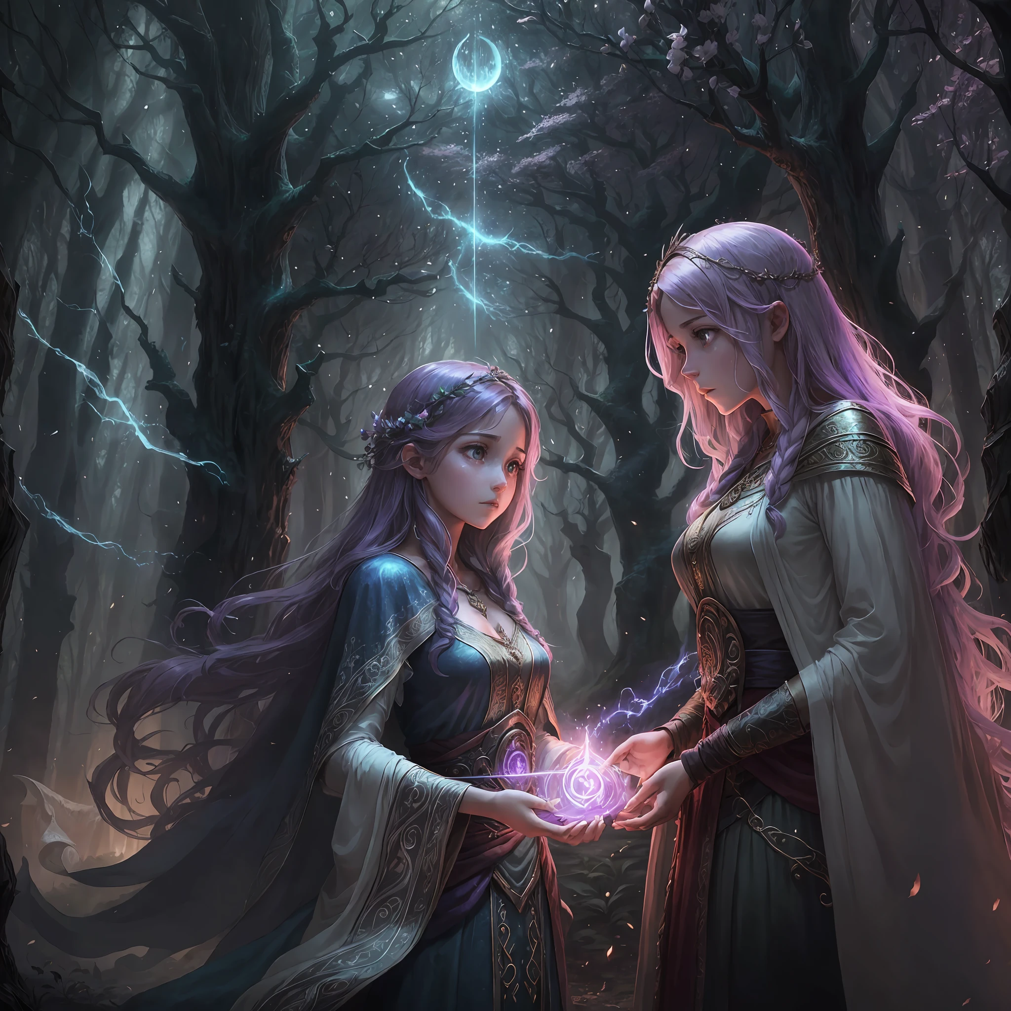 Ancient prophecy, predicting the arrival of Theo and Luna, fate, their role in restoring balance, foreboding, celebratory moment, characters together, memories and lessons in our hearts, magic and friendship lighting the way, Enchanting world of magical realms, fantastic creatures, enchanting landscapes, magical beings, mystical powers, hidden treasures, dark forest, foreboding, tangled trees, haunting whispers, dangerous creatures,   secrets lurking, shocking revelation, betrayal of a trusted ally, broken trust, recovery of faith, resilience, world, atmosphere, children's story, visual