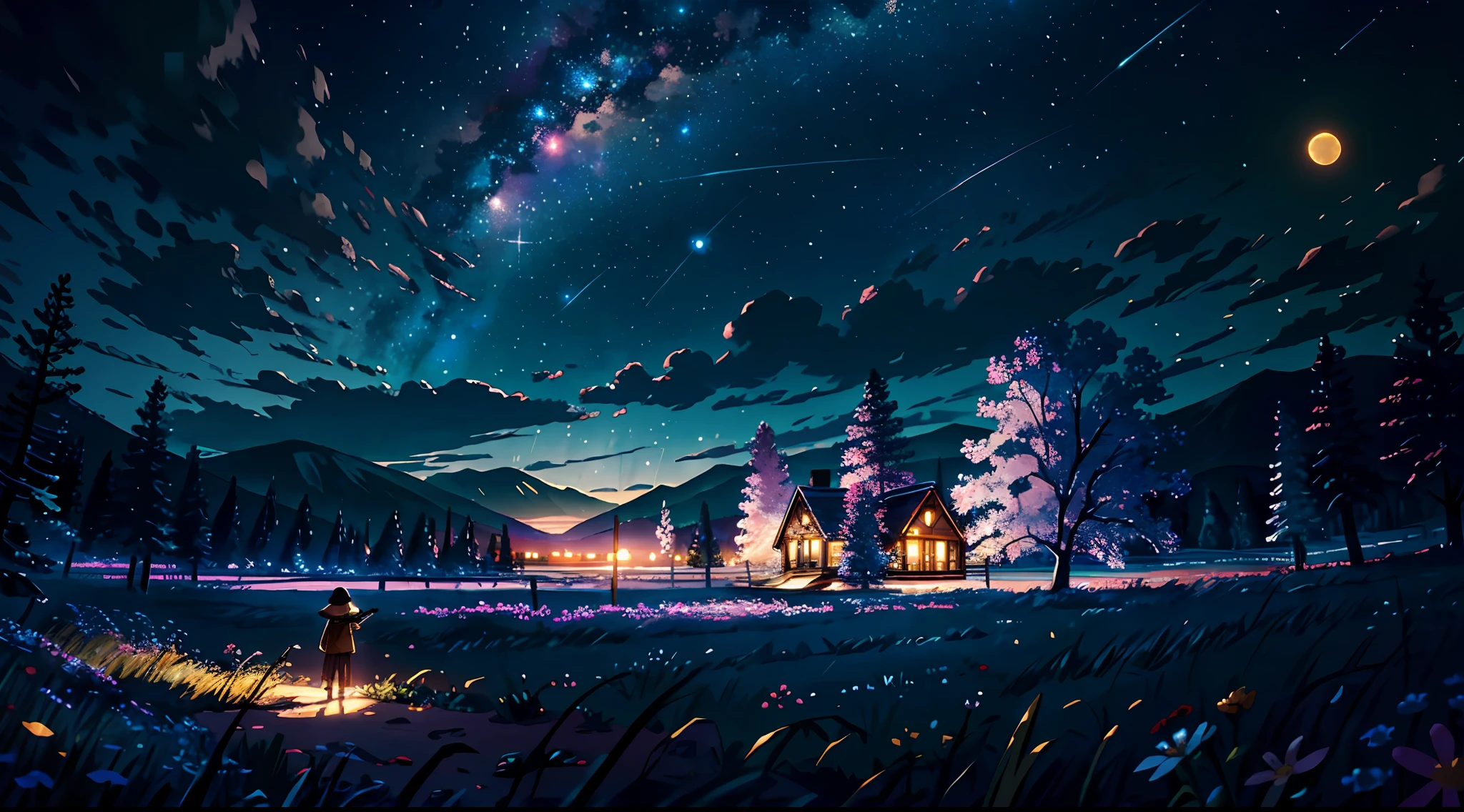 Expansive landscape photograph, (view from below with a view of the sky and the wilderness below), girl standing in a flower field looking up, (full moon: 1.2), (shooting star: 0.9), (nebula: 1.3), distant mountain, tree break production art, (warm light source: 1.2), (firefly: 1.2), lamp, purple and orange, intricate detail, volume lighting BREAK (masterpiece: 1.2), (highest quality ), 4k, ultra-detailed, (dynamic configuration: 1.4), highly detailed and colorful details (iridescent: 1.2), (sparkling lighting, atmospheric lighting), dreamy, magical, (solo: 1.2)