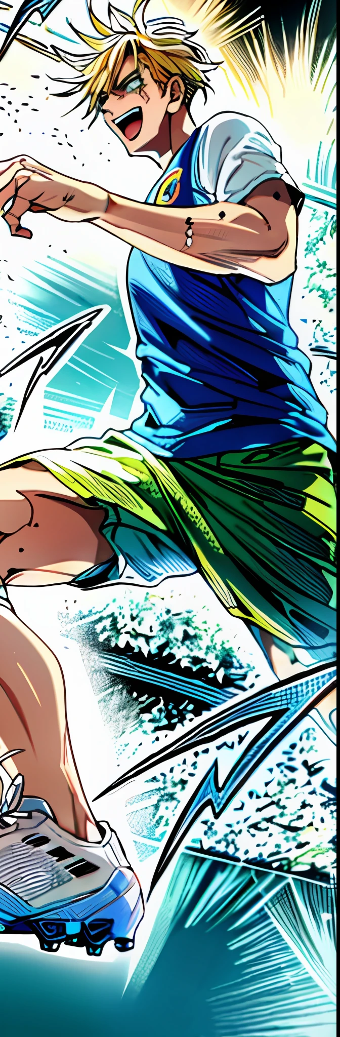 soccer, color manga, blonde hair, UHD, masterpiece, super detail, best quality, high quality, highres, high details