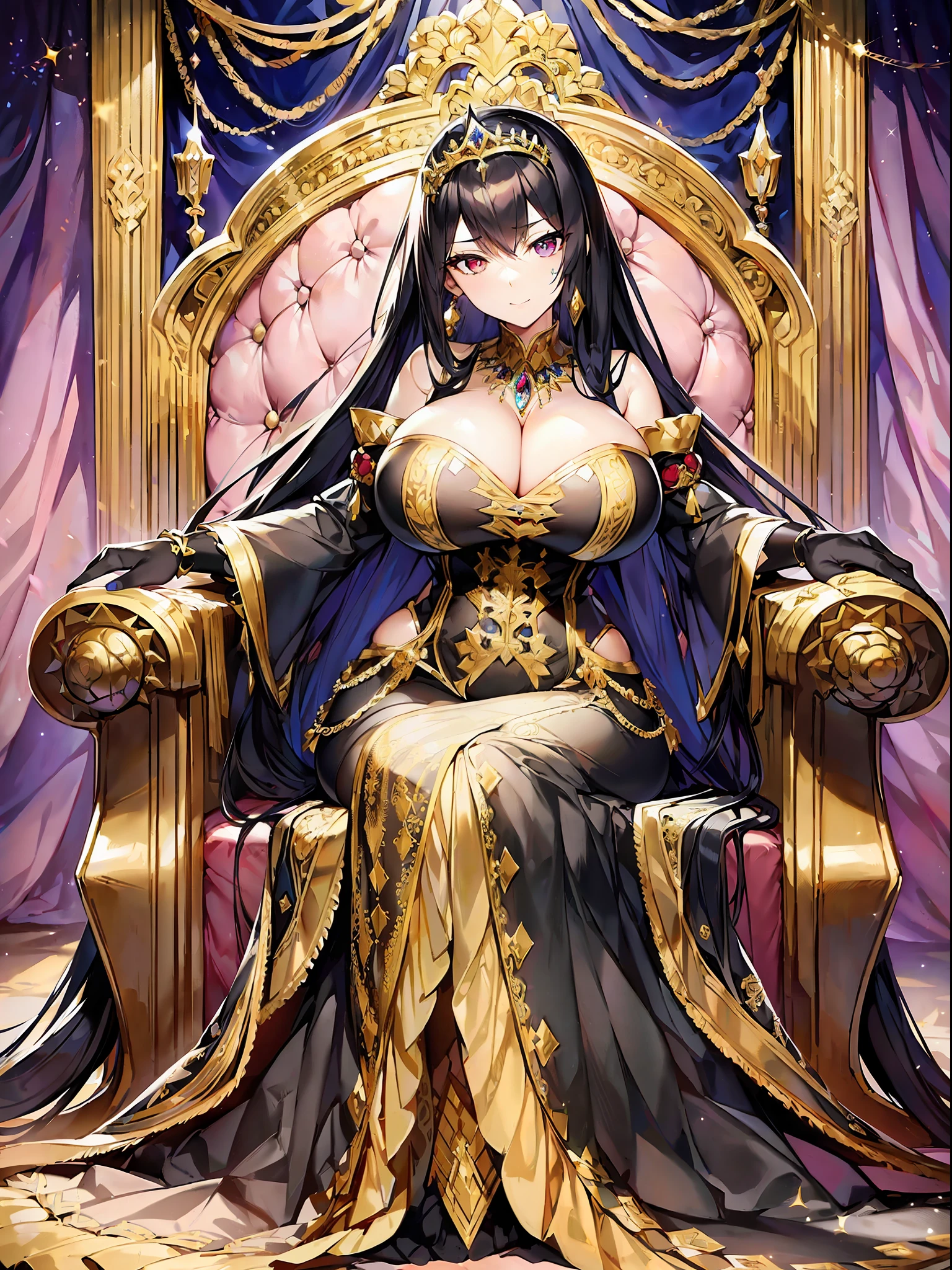 ((anime moe artstyle)),(((Masterpiece))), ((Best Quality)), ((Super Detail)), (Illustration), (((Very Delicate and Beautiful))),Dynamic Angle,Looking at viewer,((((Solo)))),((1 arrogant lady)),(((an arrogant beautiful empress))),(((Full body))),((gorgeous throne)),((sitting on the throne)),royal elegant pose,(arrogant),(((haughty smile))),Purple eyes,(Sharp eyes),Detailed Face, Long Eyelashes,(Jet Black Hair),(Straight Hair),(((Very Long Hair))),Bangs between eyes, (((((gigantic breasts))))),cleavage,(skindentation),curvy,(ball gown with gorgeous embroidered black and gold ruffles),gorgeous embroidered black and gold ball gown,(fluffy Black and gold ballgown with gorgeous embroidery),(Beautifully gorgeous flower embroidery),corset,(hoop skirt),princess dress with lots of jewels,((gorgeous embroidery)),(gold trim),((crinoline)),opera gloves,finely decorated jeweled big tiara, gem earrings,finely decorated necklace,Beautifully jeweled ornaments,indoor,royal throneroom,light particles,