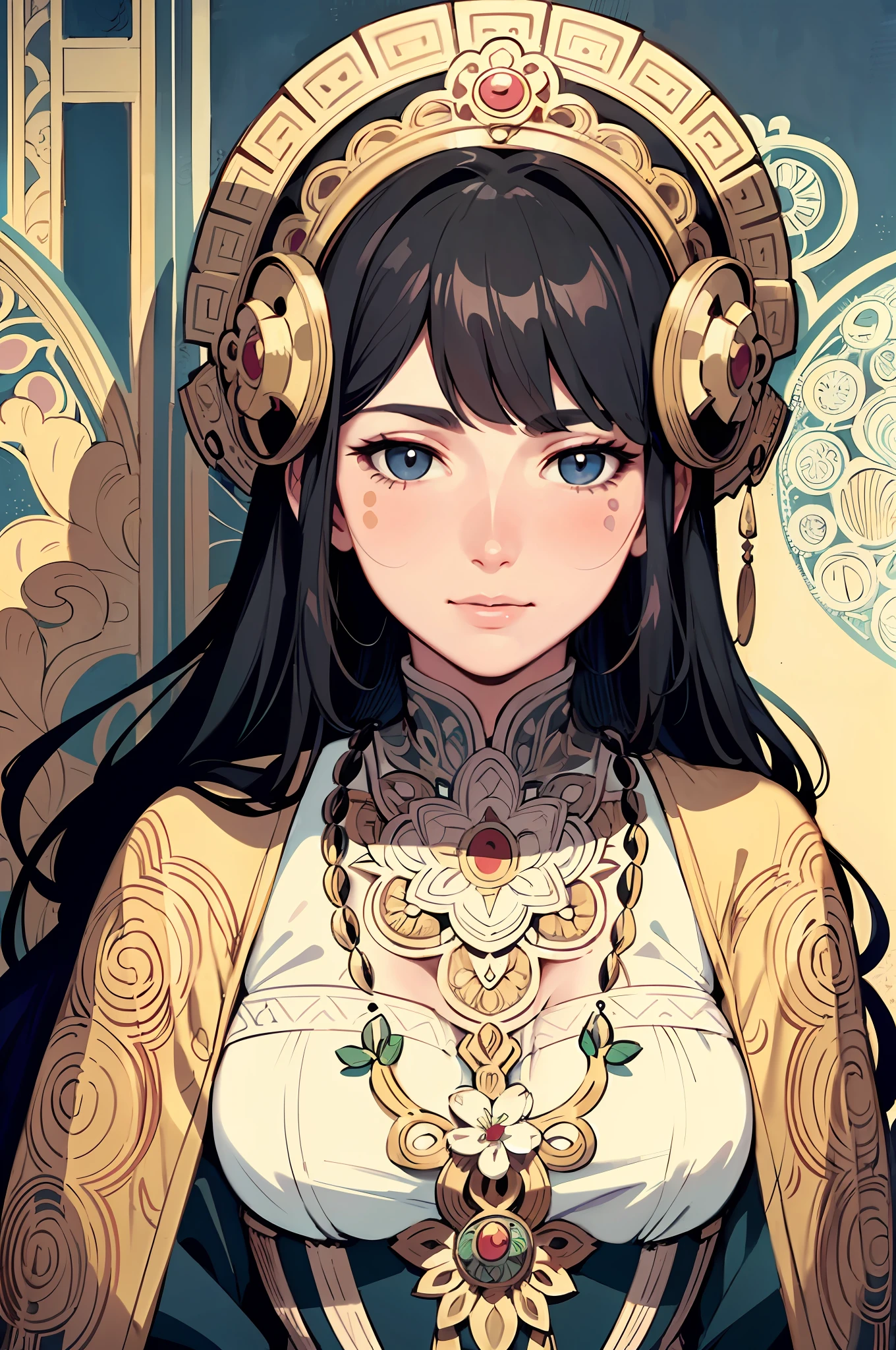 Facial portrait of a European woman, Bobo head, black hair, shallow smile, misty eyes, floral frame, decorative panels, abstract art, Alphonse Mucha (masterpiece, best quality, high resolution: 1.4), detailed, intricate details, 4K, color splash, line art, Fibonacci,