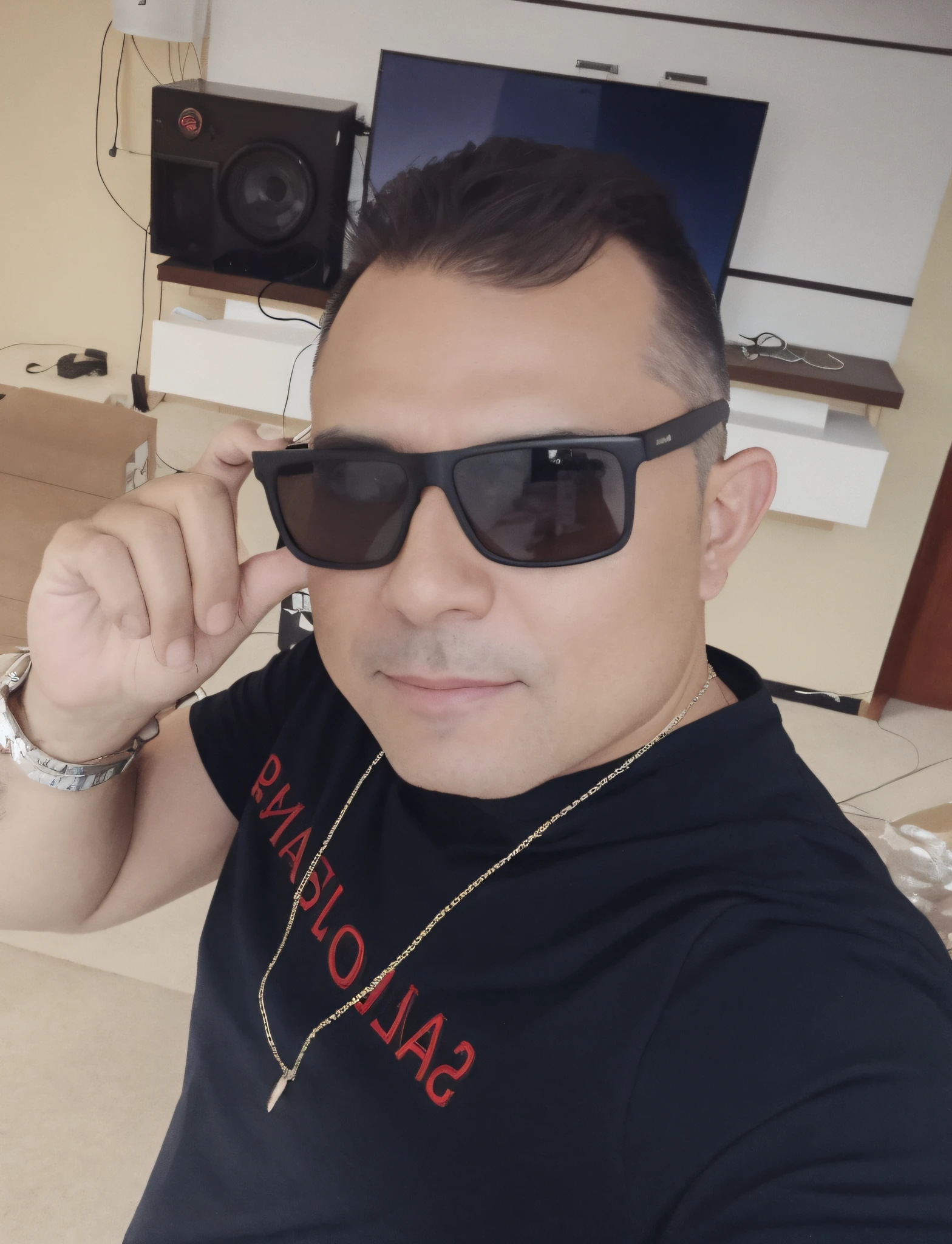 There's a man in sunglasses and a black shirt, he's about 40 years old, he's about 30 years old, 4 0 years old man, he's about 30 years old, he's about 4 0 years old, 45 years old men, 4 0 years old man, he's about 3 0 years old. (8k, RAW photo, best quality, masterpiece: 1.2), (realistic, photo-realistic: 1.37), (pureerosface_v1:0.2), (ulzzang-6500-v1.1:0.3), (Kpop idol), (aegyo sal: 1), beautiful, cityscape, night, rain, wet, professional lighting, photon mapping, radiosity, physics-based rendering,