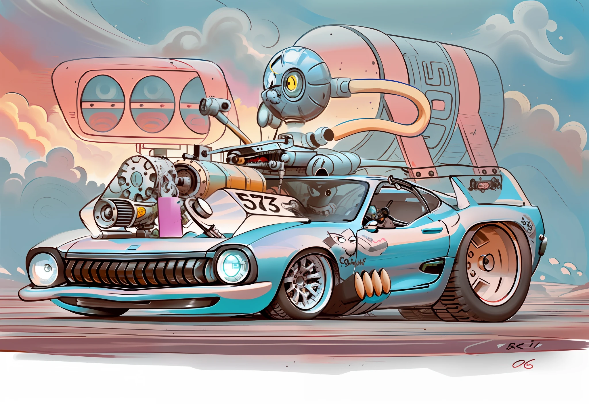 a drawing of a cartoon car with a robot and a robot on the back, inspired by Ed Roth, production art, car concept art, by Ed Roth, sticky tar. concept art, concept art”, concept art ”, epic pencil illustration, line art, rat fink style, tony sart highly detailed, high detailed cartoon, cartoon concept art, by Randy Gallegos