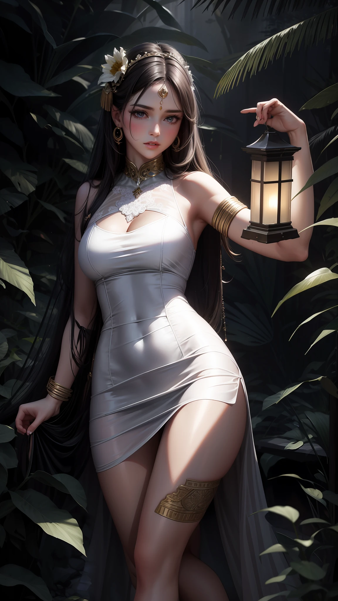 ((best quality, masterpiece)), ultra-realistic, white silk dress, bare legs, elegant pose, delicate facial features, soft lighting, pastel colors, ambient atmosphere.