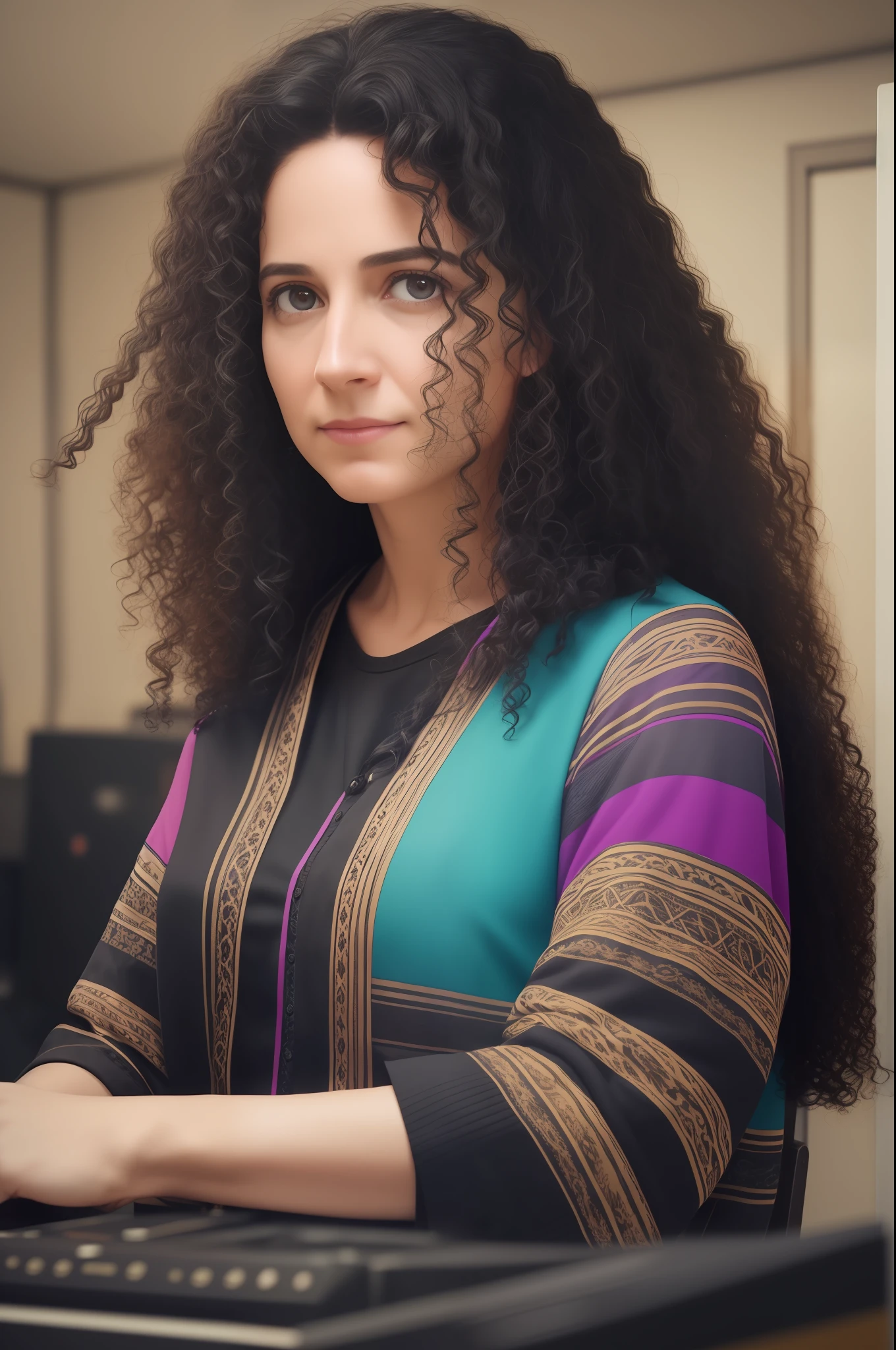 Portrait of a director, forty years old frizzy black hair, black clothes, still film, film footage, orphanage sets, photography still, colorful, octane render --auto --s2