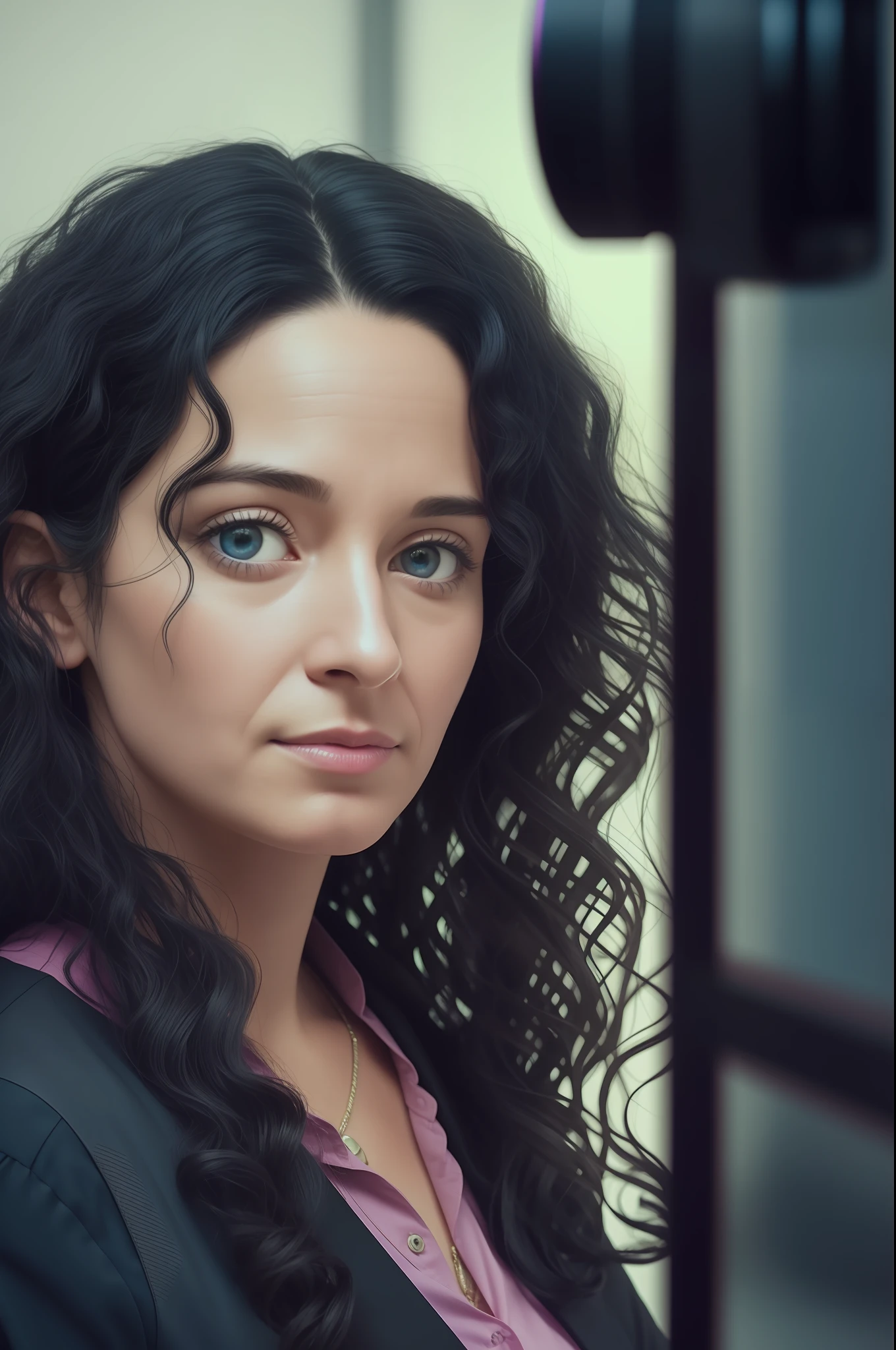 Portrait of a director, forty years old frizzy black hair, black clothes, still film, film footage, orphanage sets, photography still, colorful, octane render --auto --s2