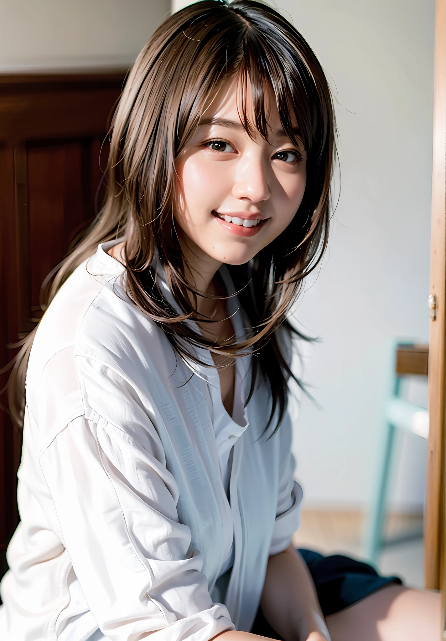 (8k, RAW photo, best quality, masterpiece: 1.2), (realistic: 1.6), (masterpiece), (best quality: 1.0), (highest quality: 1.0), (ultra hi-res: 1.0), detail, 40s, one, detail beautiful skin, detail room, ,realistic skin, middle breast, best quality, ultra high definition, cute, long hair, smile, , white shirt, , sitting on bed,