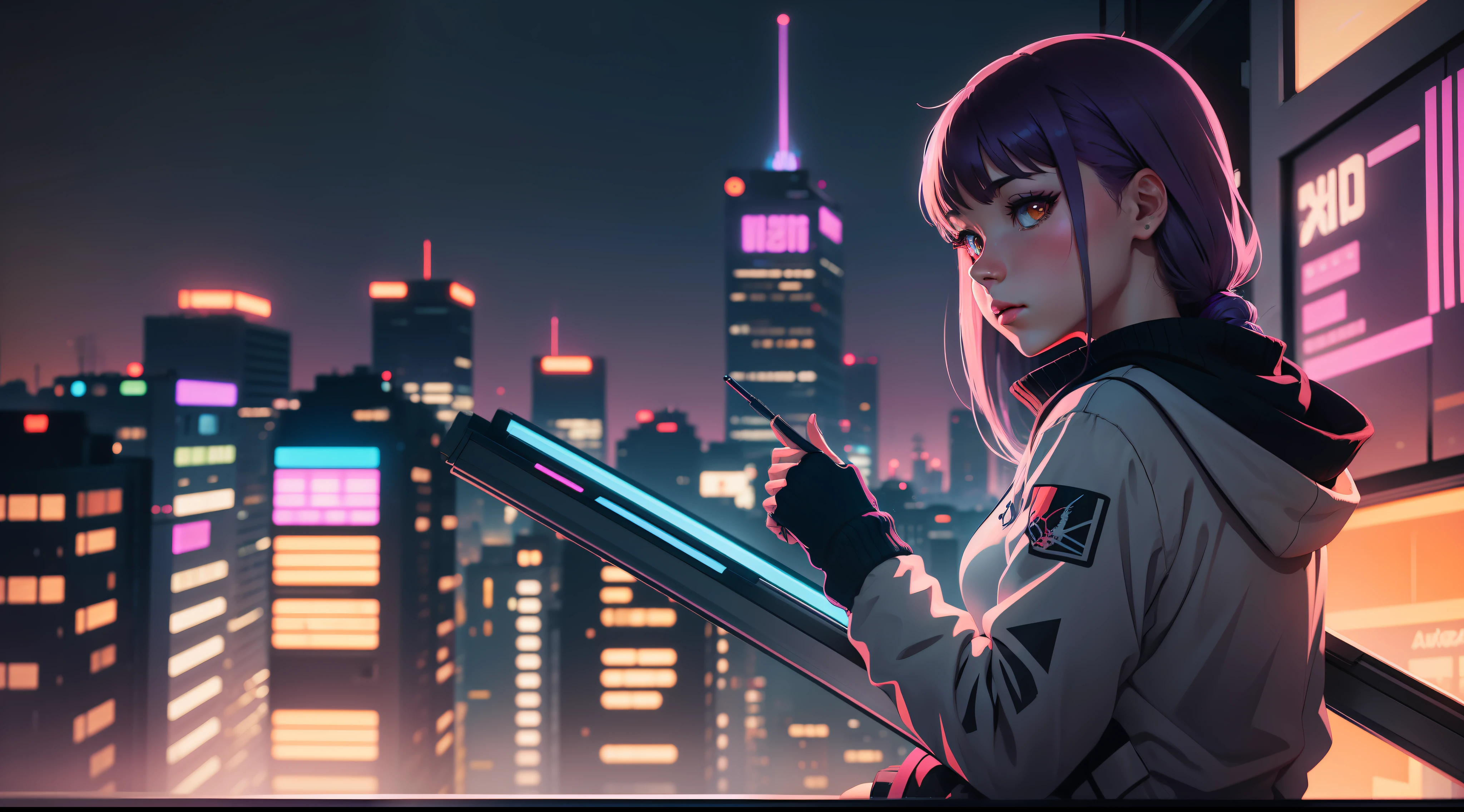 Anime girl sitting on the windowsill looking at the city at night, landscape of ilya kuvshinov, digital art ilya kuvshinov, inspired by Alena Aenami, by Alena Aenami, art of alena aenami, cyberpunk vibes, neon city in the background, artistic. Alena Aenami, Ilya Kuvshinov, RGB colors.