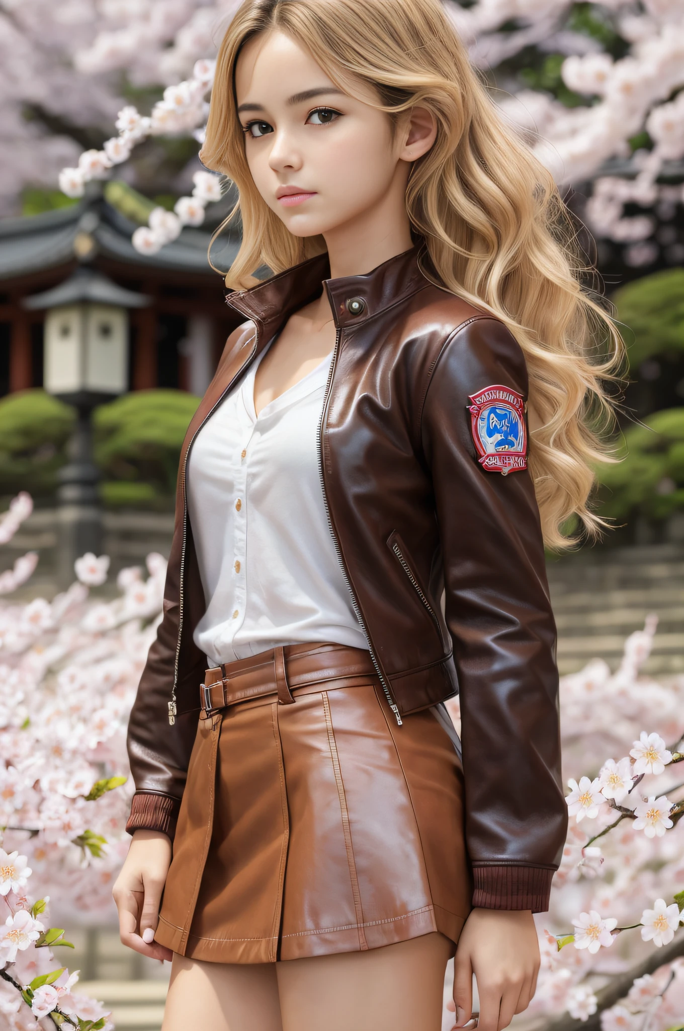 absurdres, RAW photo, highest quality, (masterpiece: 1.3), high detail RAW color photo, professional photo, extremely detailed CG 8k wallpaper unit, photo-realistic, realistic, RAW photo, masterpiece, best quality, highres, illustration,
A girl, tall, Caucasian Brazilian, 16 years old, wavy blonde hair, slim athleticism, thin legs, perfect gorgeous face, beautiful realistic eyes light brown color, fair skin, detailed skin texture, very small breasts, dressed in Japanese high school uniform and red leather jacket. Iga-Ueno Castle Park, Japan. Spring, sakura flowers.