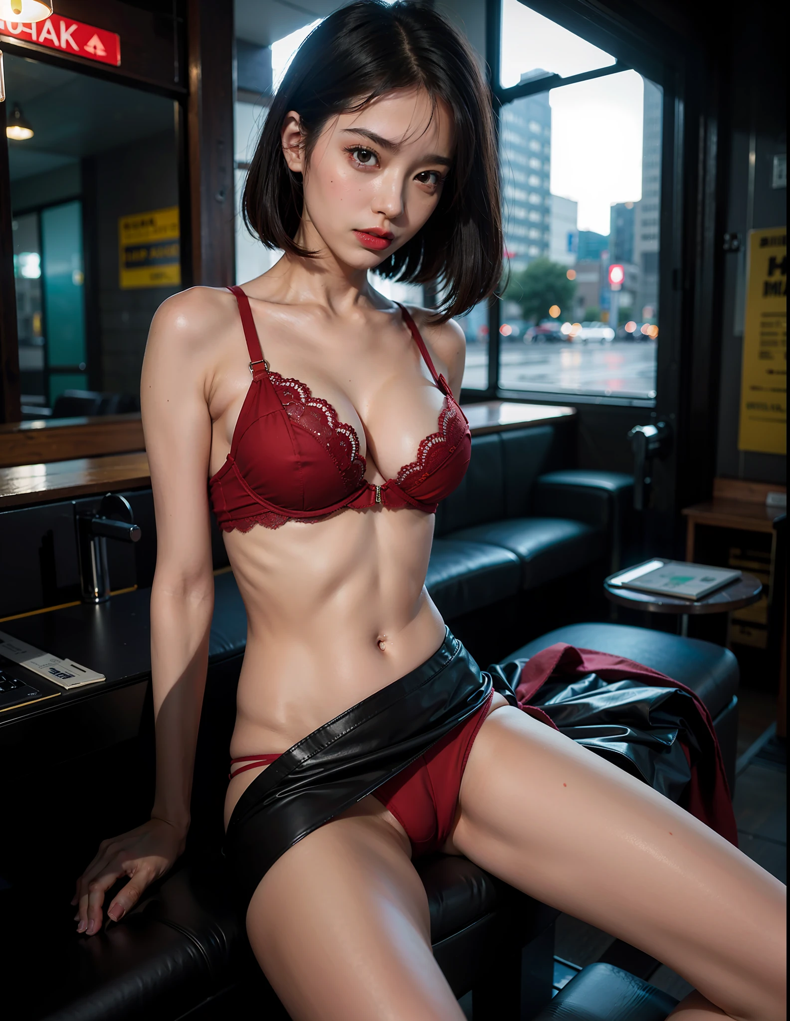 (8k, RAW photo, highest quality, masterpiece: 1.2), (realistic, photorealistic: 1.37), 1 girl, Japan, 20s, cityscape, night, professional lighting, photon mapping, radiosity, torn, big, bright red see-through and very small in size, tips protruding, areola protruding, pubic shape clearly visible, gal, Lots of lashes, lame eyelids, bright red lips, black heels, pubic hair, bristles on the lower abdomen, slender, open crotch, big that are likely to spill out of the bra